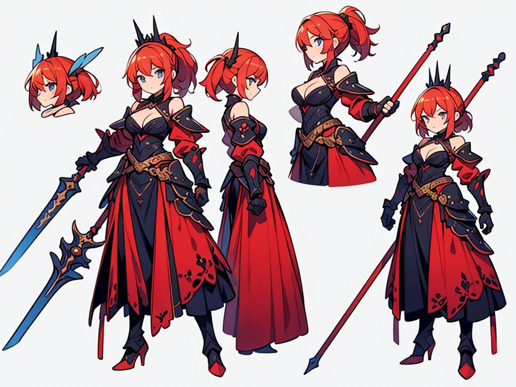 ((Masterpiece, highest quality)), detailed face, character sheet, Full body, 1girl, High quality,Best quality,Ultra-detailed,high resolution,female warrior in red outfit with filigree shiny rustic golden off-shoulder armor and holding a ornate polearm, tall sexy lady, red hair, long hair, High ponytail,Blue eyes,breasts,tiara,armor, weapon, polearm, armor, Open Chest, tight micro miniskirt,high heels, holding weapon, breasts,cleavage, full body, holding,full of details, multiple poses and expressions, highly detailed, many parts,((three sided view, front view, side view, back view, full body,simple background, gray background,multiple views,highres)), illustration, charturnbetalora, concept art, character concept art,LnF