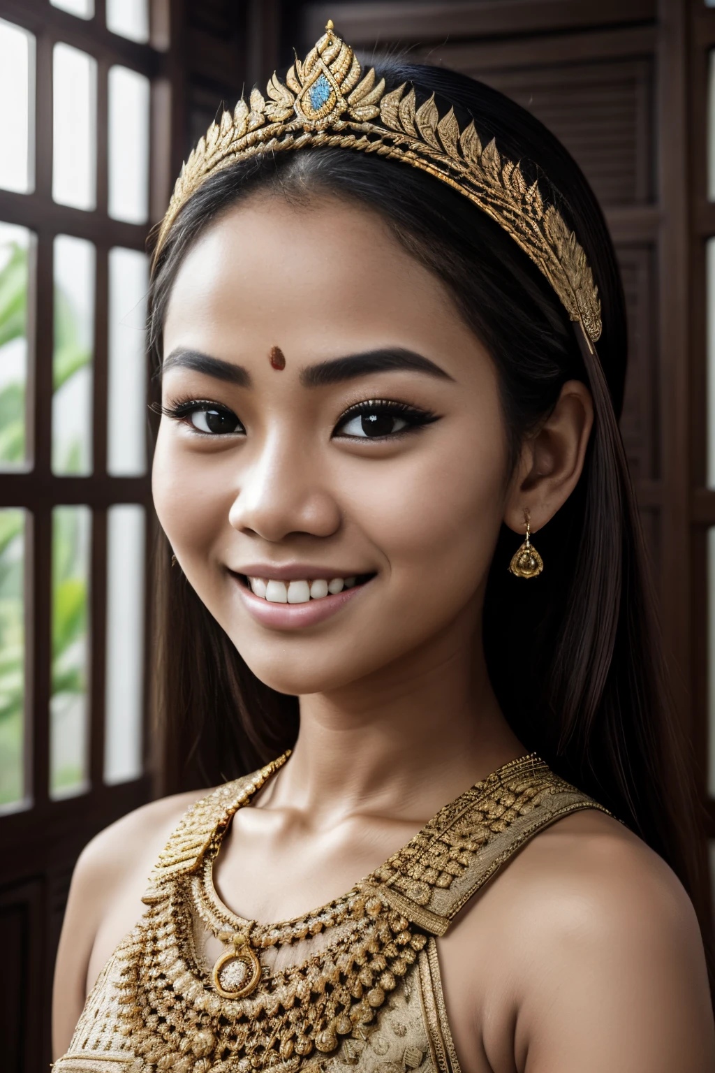 8k, highest quality, ultra details, Ajeng, Javanese beauty, girl, natural beauty, minimalistic makeup, radiant smile, reflecting the simplicity and charm of Javanese tradition.