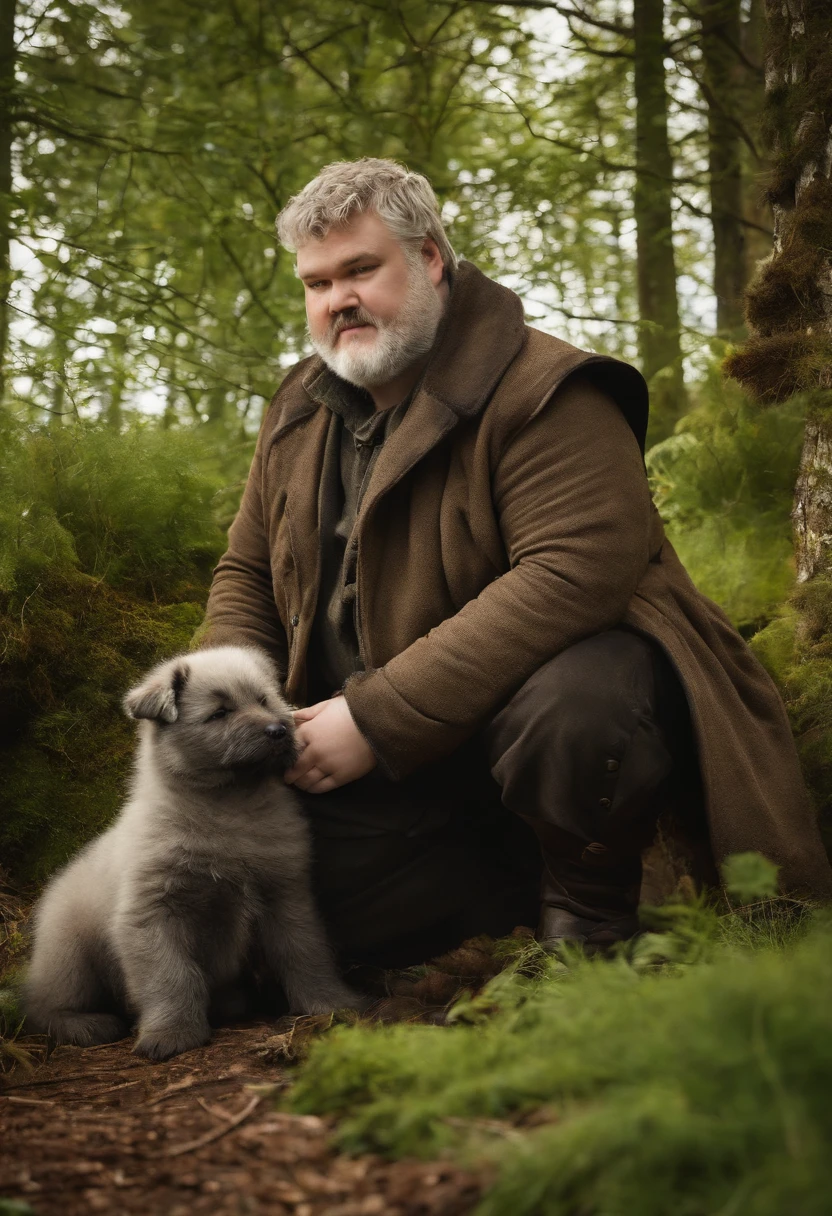 A photo of Hodor enjoying a peaceful afternoon tending to the direwolf pups,Game of Thrones,Hodor, a beloved character from “Game of Thrones,” is notable for his towering height and robust build, giving him a gentle giant appearance. He has a simple, kind face, often marked by a look of confusion or contentment, and his clothing is typically plain and functional, suited to his role as a stable boy.