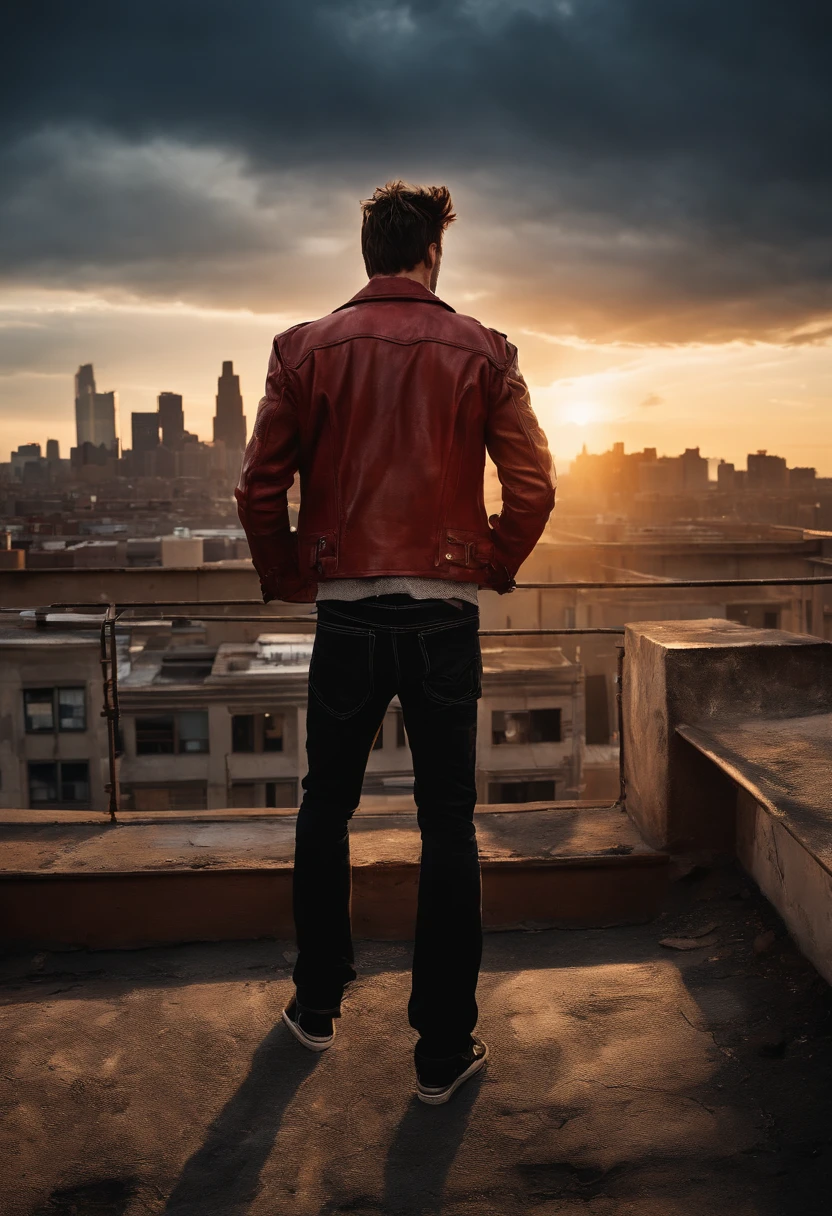 A photo of Tyler Durden standing on top of a graffiti-covered abandoned building, overlooking the city skyline at sunrise.,original,Visually, Tyler is depicted as the epitome of a certain rugged, careless coolness, with a chiseled physique, unkempt hair, and a devil-may-care attitude expressed through his disheveled yet somehow stylish clothing. He frequently sports a red leather jacket, flashy shirts, and a penchant for soap making, which serves as a metaphor for his ability to cleanse and rebuild the identities of his followers.