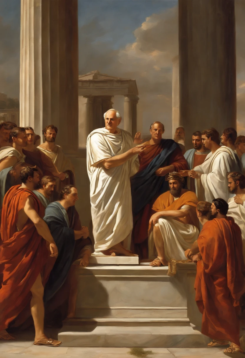 An image of Marcus Tullius Cicero delivering a passionate speech in the Roman Forum, surrounded by a diverse crowd of citizens.,original,Marcus Tullius Cicero has a slender and tall build with a prominent forehead and high hairline. He has a long, thin face, a straight nose and a sharp chin. He has expressive and animated facial expressions. Meticulous in his appearance. Often wears a Roman Toga. He pays attention to his hair and beard.