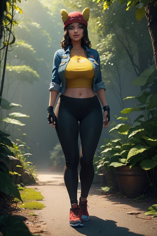 (8k, best quality, masterpiece:1.2), (realistic, photo-realistic:1.37), ultra-detailed, 1 girl,cute, solo, ,beautiful detailed blue eyes, medium wavy hair, standing in a jungle, , smiling, looking at viewer, ,light brown hair, black lips, black lipstick, full body view, , whole body shot, red hat, , , nsfw, choker, yellow shirt, denim jacket, dark long leggings, black fingerless gloves, red sneakers, big breasts