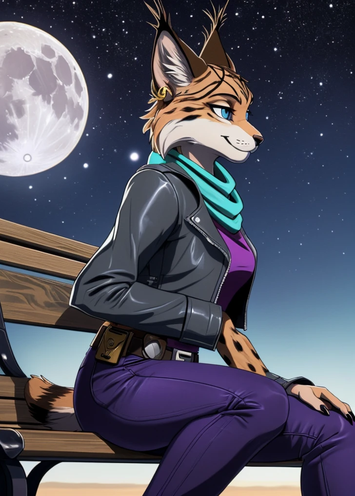 [MiyuKing], [Starfox 2], [uploaded to e621.network; (Mayopurge), (Pixelsketcher), (Fluffy Kevlar)], ((Masterpiece)), ((HD)), ((hiquality)), ((solo portrait)) ((side glance)), ((Furry; Anthropic lynx)), ((Detailed fur)), ((detailed shading)), ((Beautiful rendering)), ((cel shading)), {(Female anthropic lynx), (Slender figure), (brown fur black stripes, Black nose, (long pointed lynx ears), (gold earring on the LEFT ear), (dark blue eyes), (half closed eyes), (Indigo eyeshadow), (Gorgeous hips), (black claws), (smug smirk)}, {(SILVER LEATHER JACKET), (turquoise scarf), (purple shirt), (tight purple pants), (Utility belt with gold triangular buckle), (gray combat boots)}, {(sitting on bench), (Looking Ahead)}, [Background; (air force base), (jet runway), (Starry sky), (full moon)]