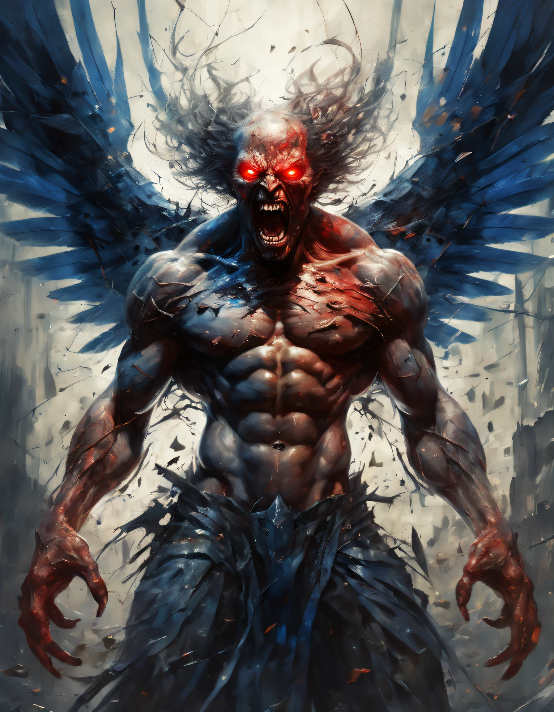 (best quality, highres, ultra-detailed, realistic:1.37), cosmic ambient, rotten fallen archangel, bio-mechanical, mysterious, scary, nightmare, very hidden cores, wallpaper art, physical training, bodybuilding, (a man with a red face and big blue eyes, open-mouthed screaming),oil painting,expressive brushstrokes,wild abstract background,furious expression,aggressive pose,high contrast lighting,vibrant colors,emotional intensity,modern art. (best quality,ultra-detailed,photorealistic),dramatic lighting,