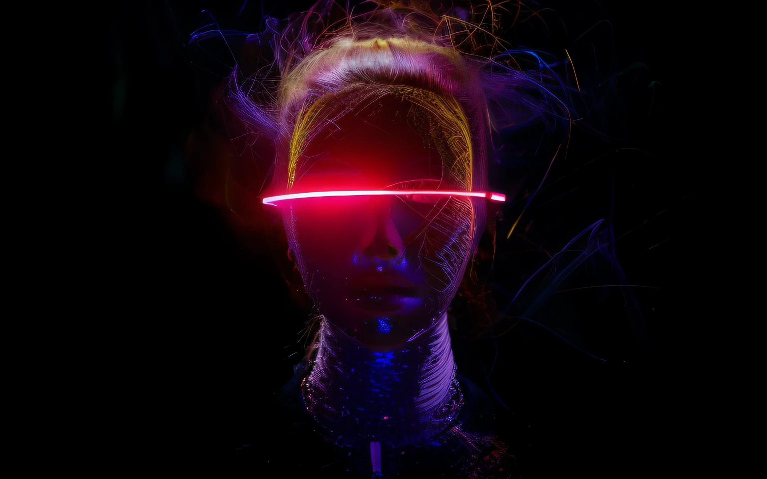a mummy with a red light on its head, detailed glowing head, with neon visor, obras de arte intrincadas. neon eyes, glowing head, neon operator, retrato antigo do monstro do neon, neon yarn, 3 d arte neon de um corpo feminino, cyberpunk with neon lighting, feito de luz neon, neon version of style jim burns, olhos brilhantes do laser vermelho