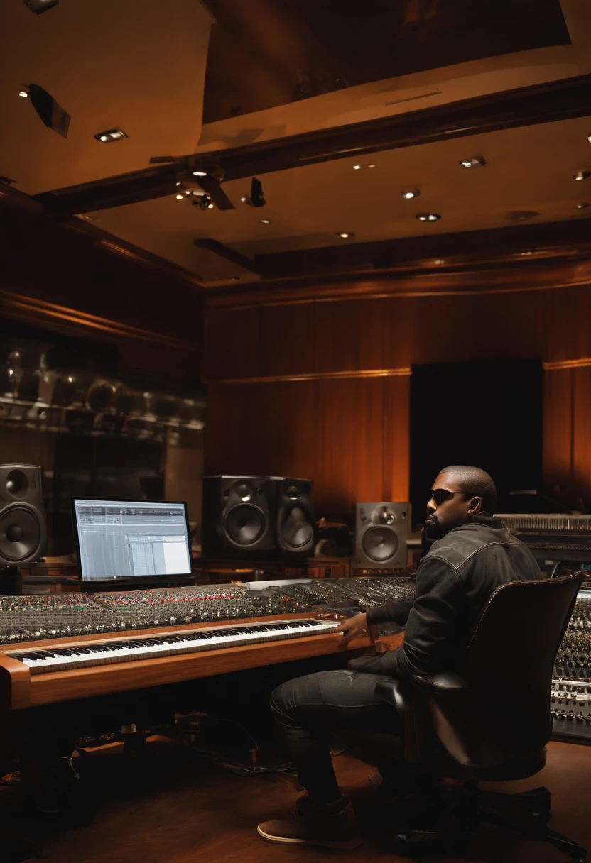An image of Kanye West creating a new piece of music in a recording studio, surrounded by various instruments and recording equipment.,original,Kanye’s appearance is dynamic and fashion-forward, often experimenting with different styles and setting trends in the music and fashion industries. He possesses a passionate dedication to his craft, constantly pushing the boundaries of music, design, and art. West’s creativity is not just limited to his music; he has ventured into fashion and other entrepreneurial endeavors, showing a keen business acumen.
