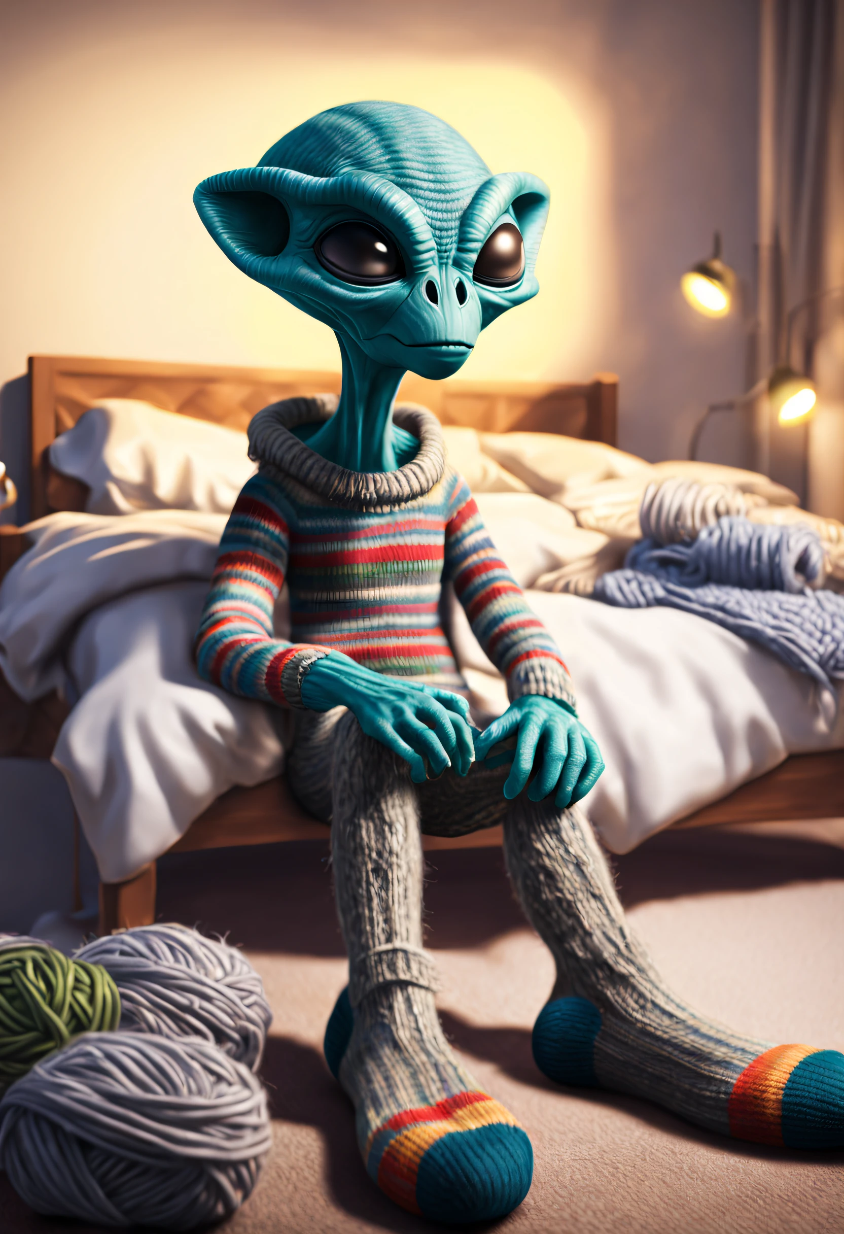 A realistic and detailed alien who sits on his bed, he tries to put on his old chunky knit wool socks with old school designs.