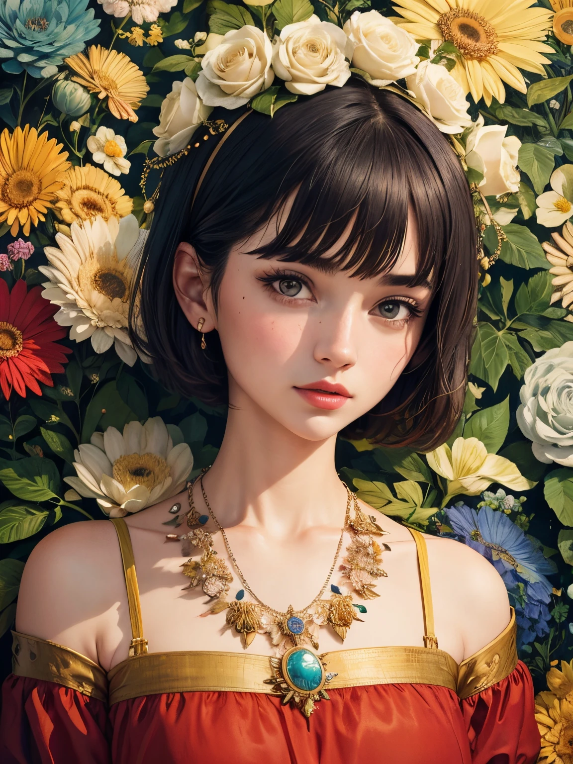 A masterpiece of the highest quality, this illustration showcases the absurdity of a surreal scene. The focus is on one girl with short hair, captured in a close-up portrait. Full floral background, fantasy, floral queen, colorful, vivid color, necklace,