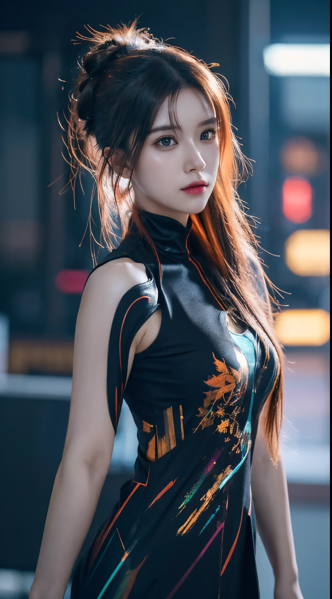 ((best quality)), ((masterpiece)), (detailed), realistic, surreal, surreal, masterpiece, 8k, official art, absurd, high resolution, high quality, ultra-detailed, beauty and aesthetics, futurism, technology, city, night, rain, (1 girl:1.5), cyberpunk, chinese clothing, cheongsam, mechanical parts,