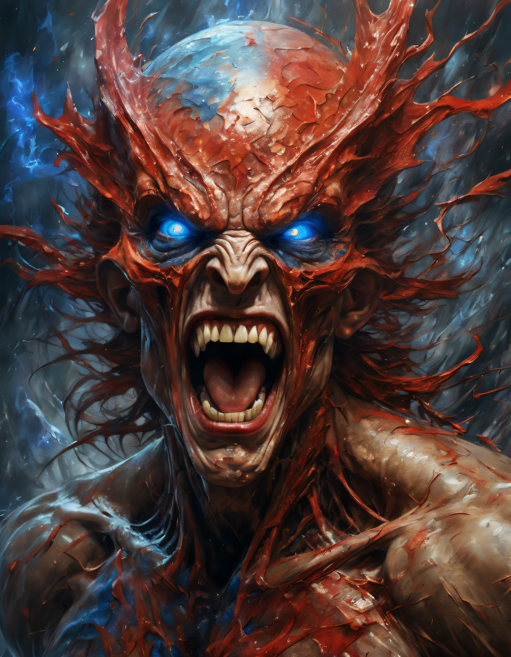 (best quality, highres, ultra-detailed, realistic:1.37), cosmic ambient, rotten fallen archangel, bio-mechanical, mysterious, scary, nightmare, very hidden cores, wallpaper art, physical training, bodybuilding, (a man with a red face and big blue eyes, open-mouthed screaming),oil painting,expressive brushstrokes,wild abstract background,furious expression,aggressive pose,high contrast lighting,vibrant colors,emotional intensity,modern art. (best quality,ultra-detailed,photorealistic),dramatic lighting,
