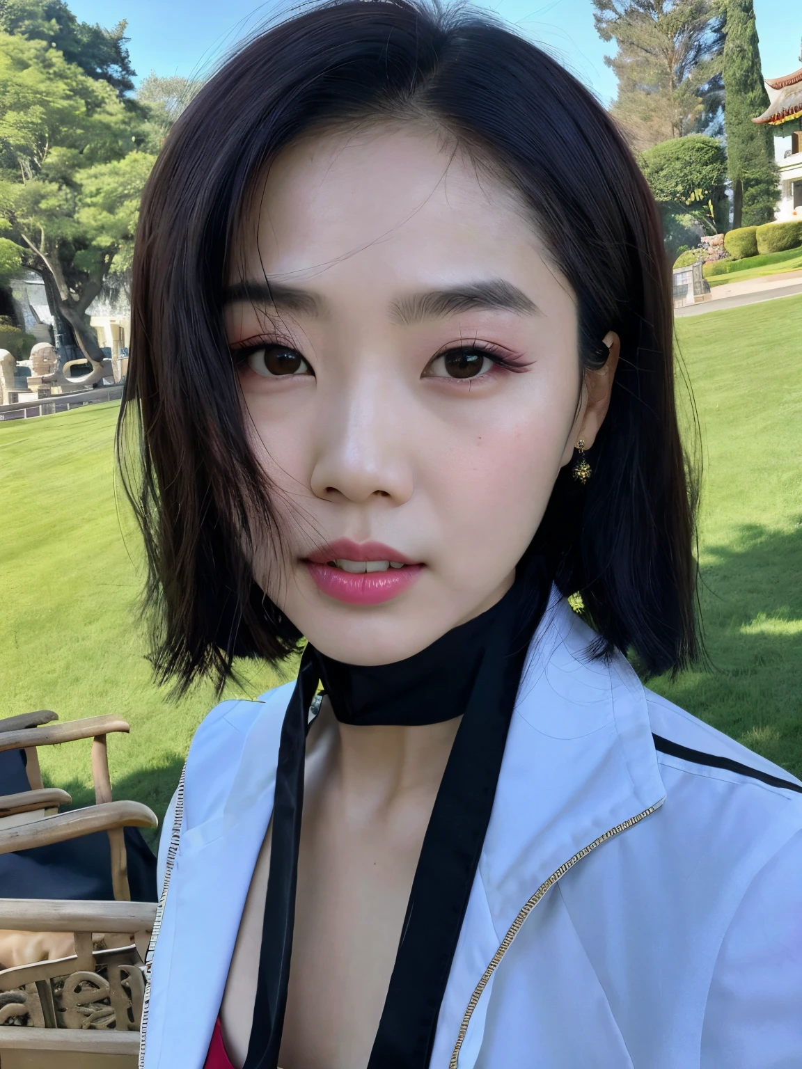 un primer plano de una mujer con corbata negra y chaqueta blanca, JIA, Lulu Chen, Sha Xi, con el pelo corto, Peinado blanco de corte hime, Xintong Chen, ulzzang, Ruan Jia hermoso!, Xision Wu, Wenfei Ye, Sun Yunjoo, Lee Ji - Eun, Lee Ji-eun, Kim Doyoung, El Corte Hime