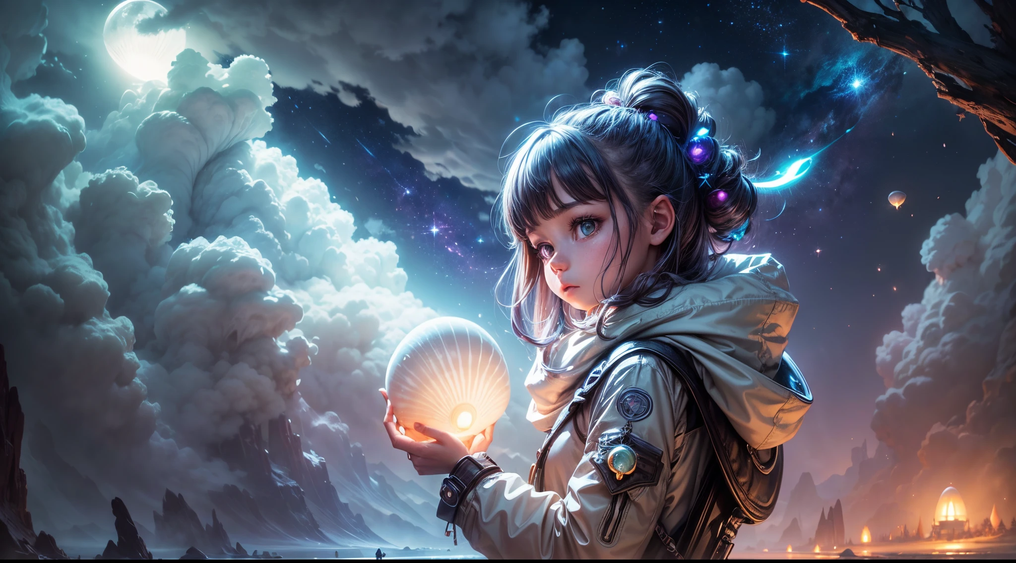 "((Adventurous)) girl exploring an alien realm, clutching a ((luminous shell)), as moonlight bathes the surreal landscape in a soft glow. Wisps of clouds add a touch of mystery. High-quality, detailed, fantasy, otherworldly, moonlit ambiance."