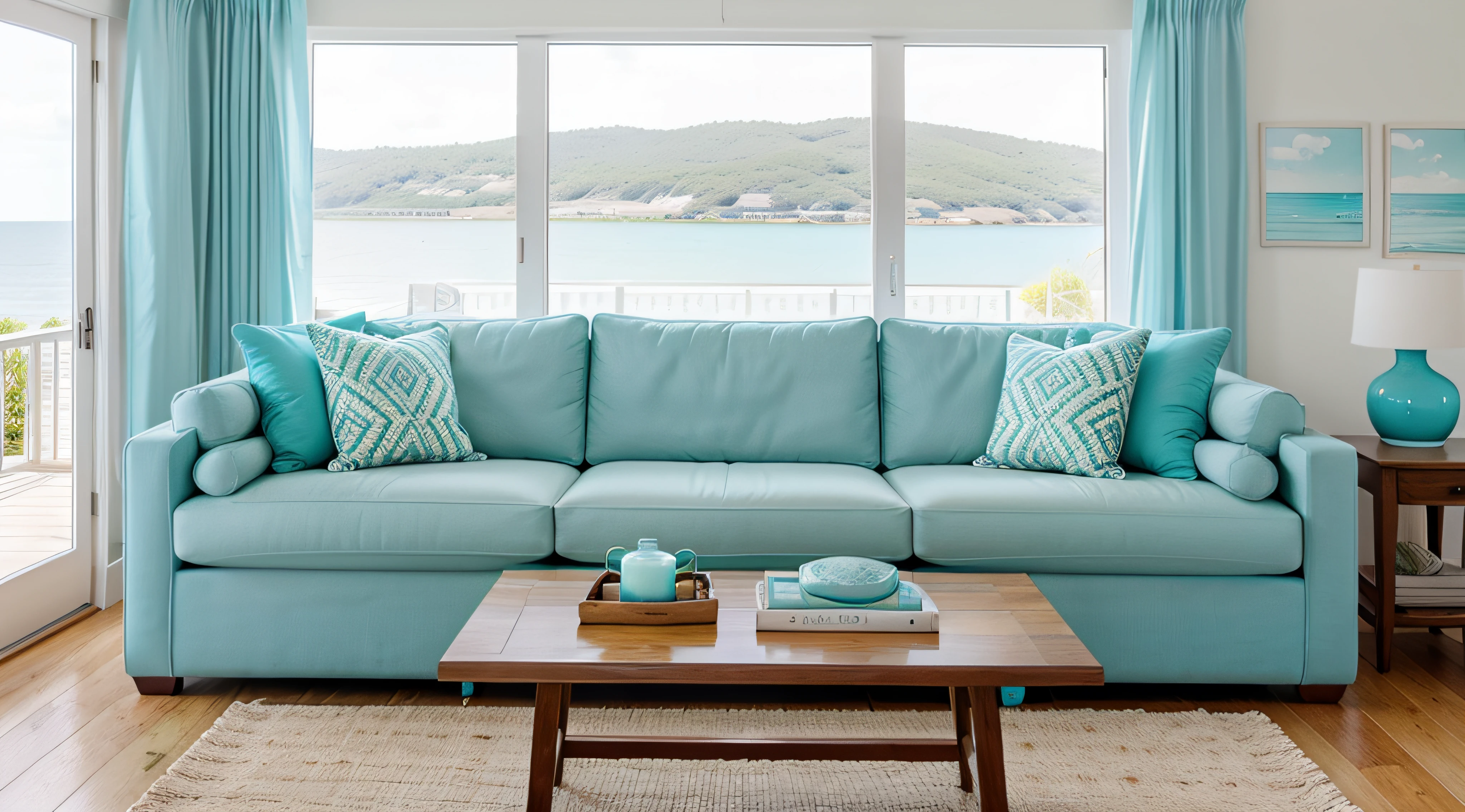 Fabric sofas with turquoise pillows. Coastal home interior design of modern living room in seaside house.