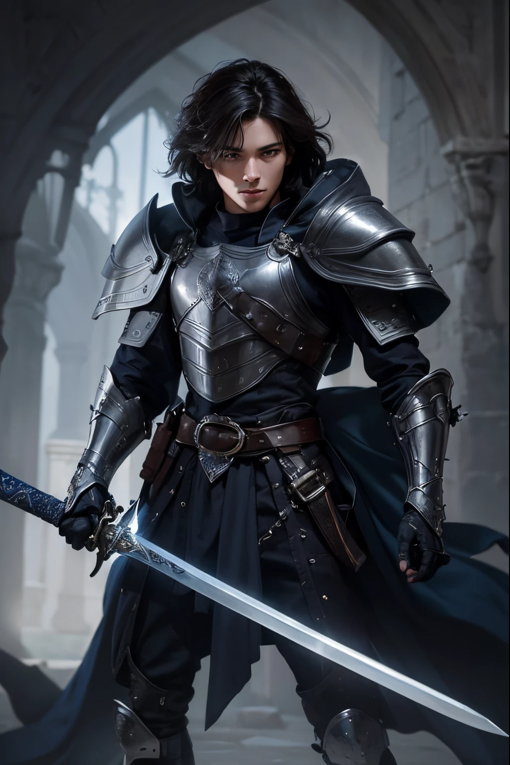 A young man in beautiful silver-white armor. Late teens. medieval look. Short black hair. The background is dark blue. beautiful face. He has a large sword in one hand.