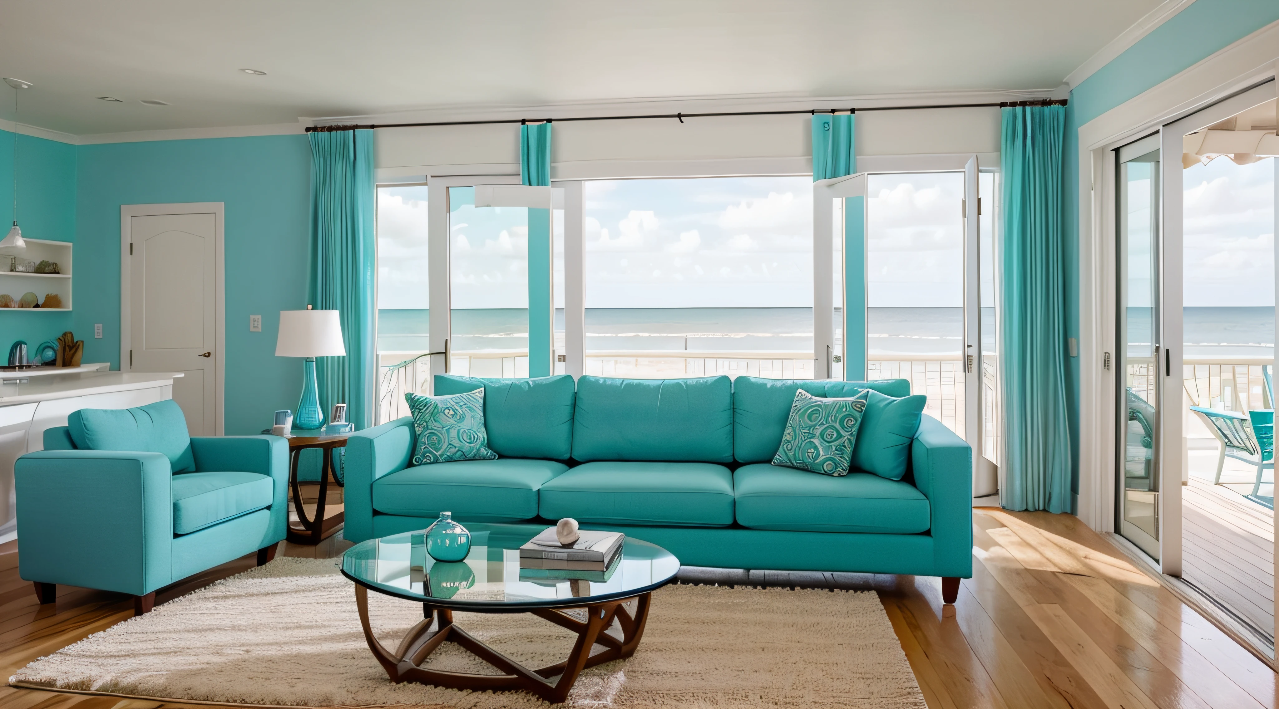 Fabric sofas with turquoise pillows. Coastal home interior design of modern living room in seaside house.