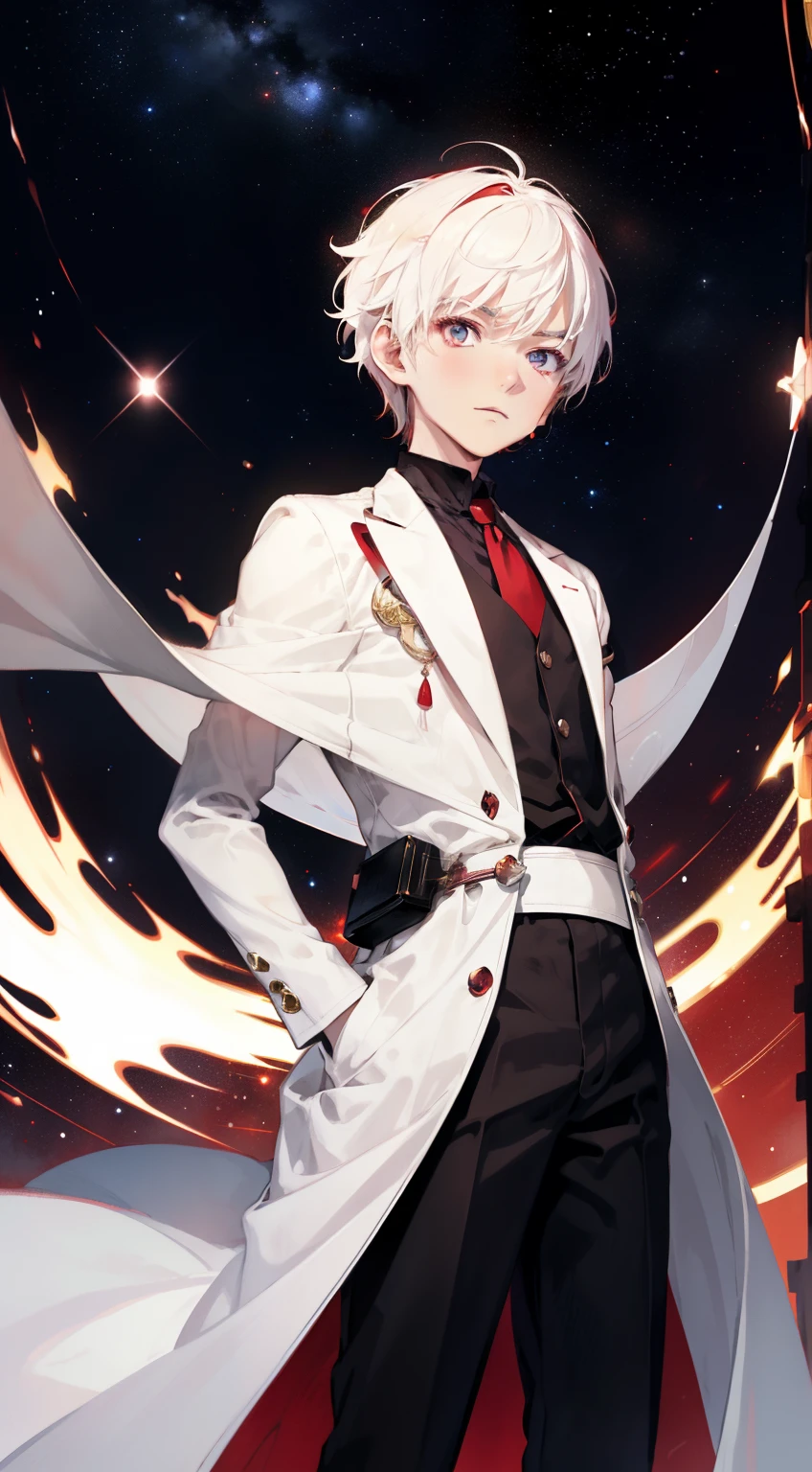 (1 Young boy),(White anime short hair,Crimson eyes),Exquisite black and white Western clothing,under the starry night sky,galactic,Floating red glowing stars,serious-expression,tmasterpiece,with light glowing,Many red and white arc effects