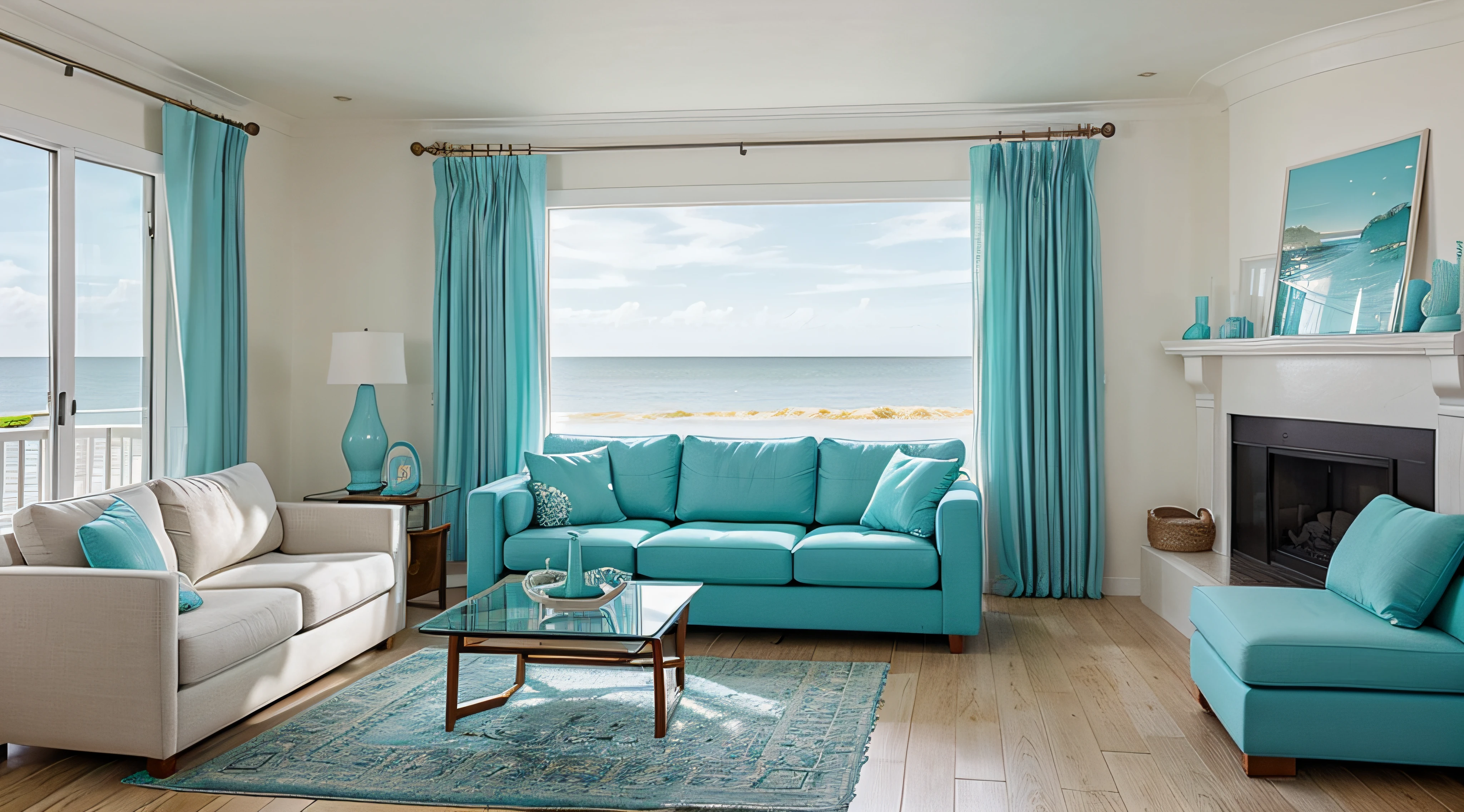 Fabric sofas with turquoise pillows. Coastal home interior design of modern living room in seaside house.