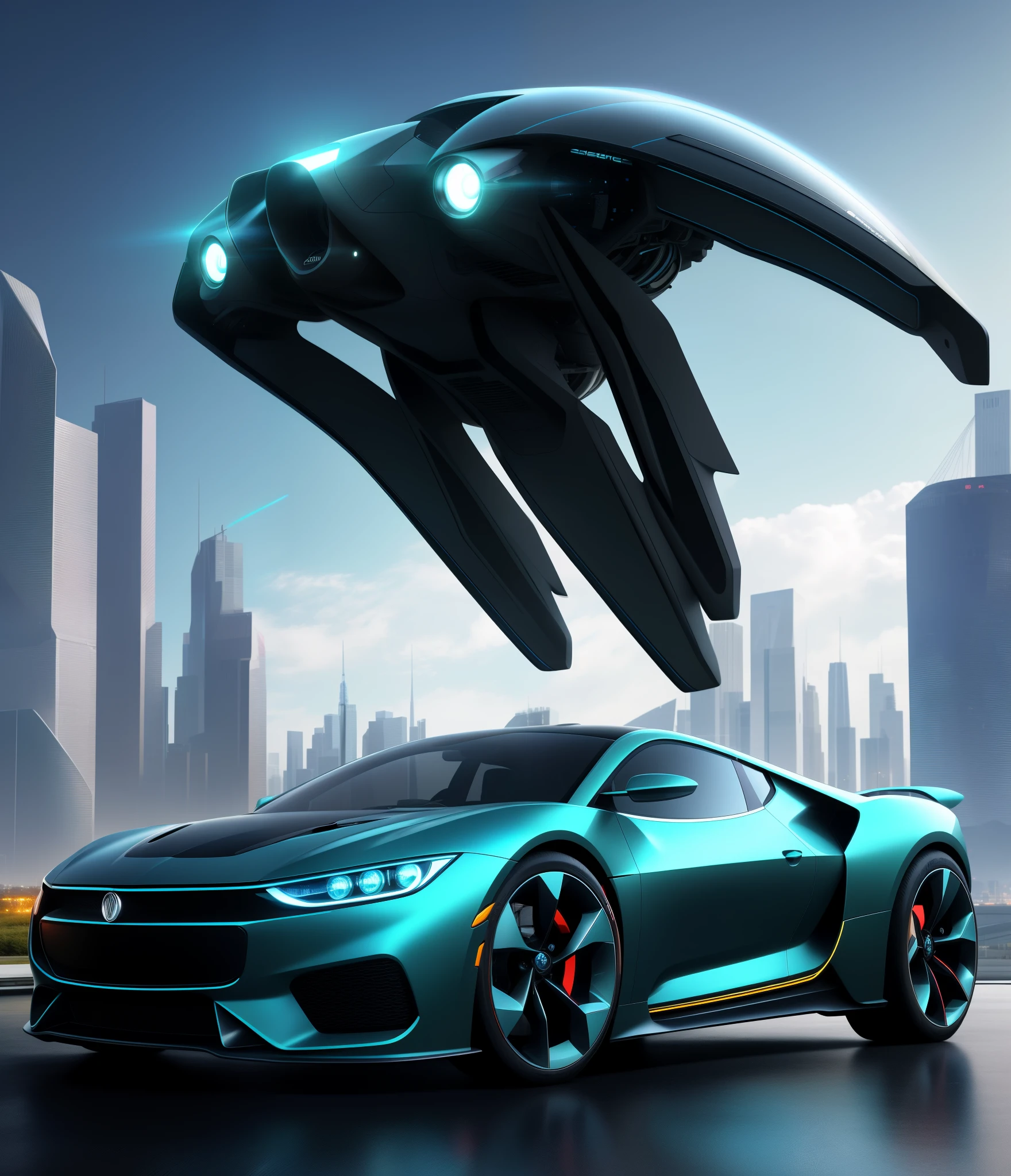 Futuristic,sense of science and technology,Focus on cars,The background is a high-end developed city,There is a sense of the future