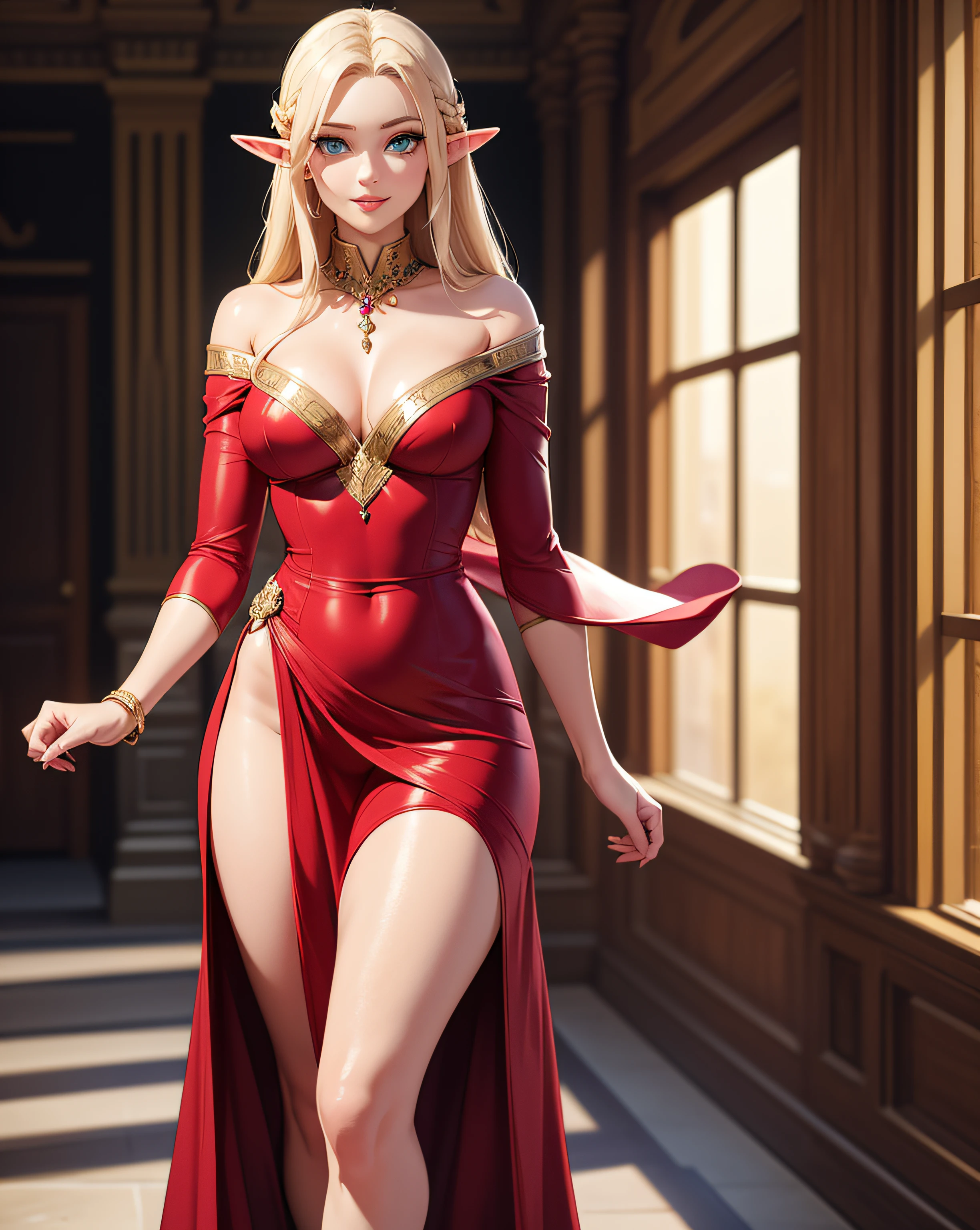 young elven noble lady, 1girl, young adult, medium breasts, elf, light blue eyes, turquoise eyes, fair skin, long hair, loose hair, long hair, blond hair, blonde hair, flowers in hair, wearing elegant dress, crimson dress, bordeaux dress, elaborate jewelry, pretty face, full lips, exquisite beauty, body towards viewer, official portrait, regal, intelligent, sense of justice, polite, reserved, proper, gentle smile, slender figure, authoritative, kind, nobility, palace, absurdres, high res, ultrasharp, 8K, masterpiece, looking at viewer