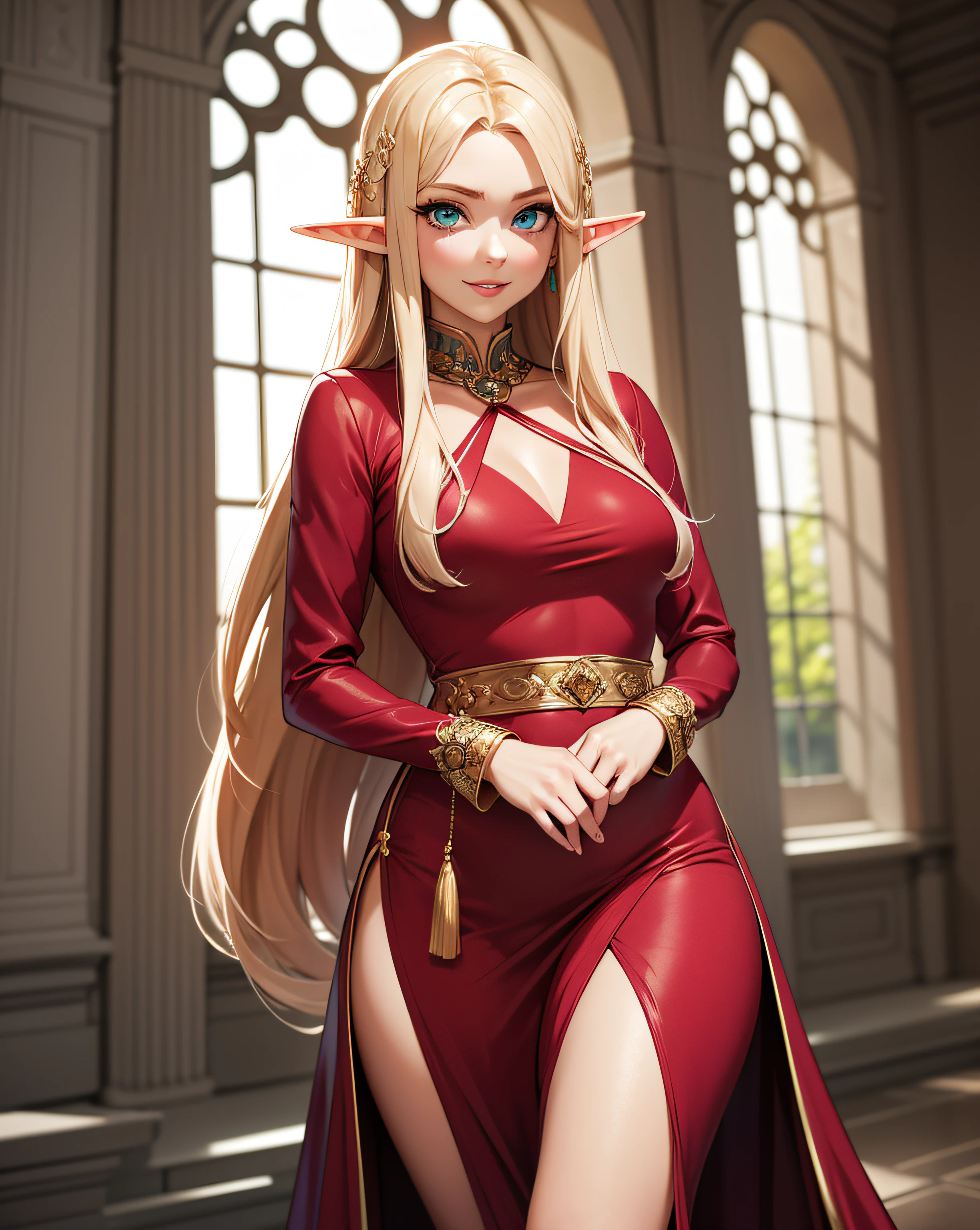 (masterpiece, best quality),long horns,mature elf,seductive,red dress,long gold hair,from below,sfw,from side,turning around,
