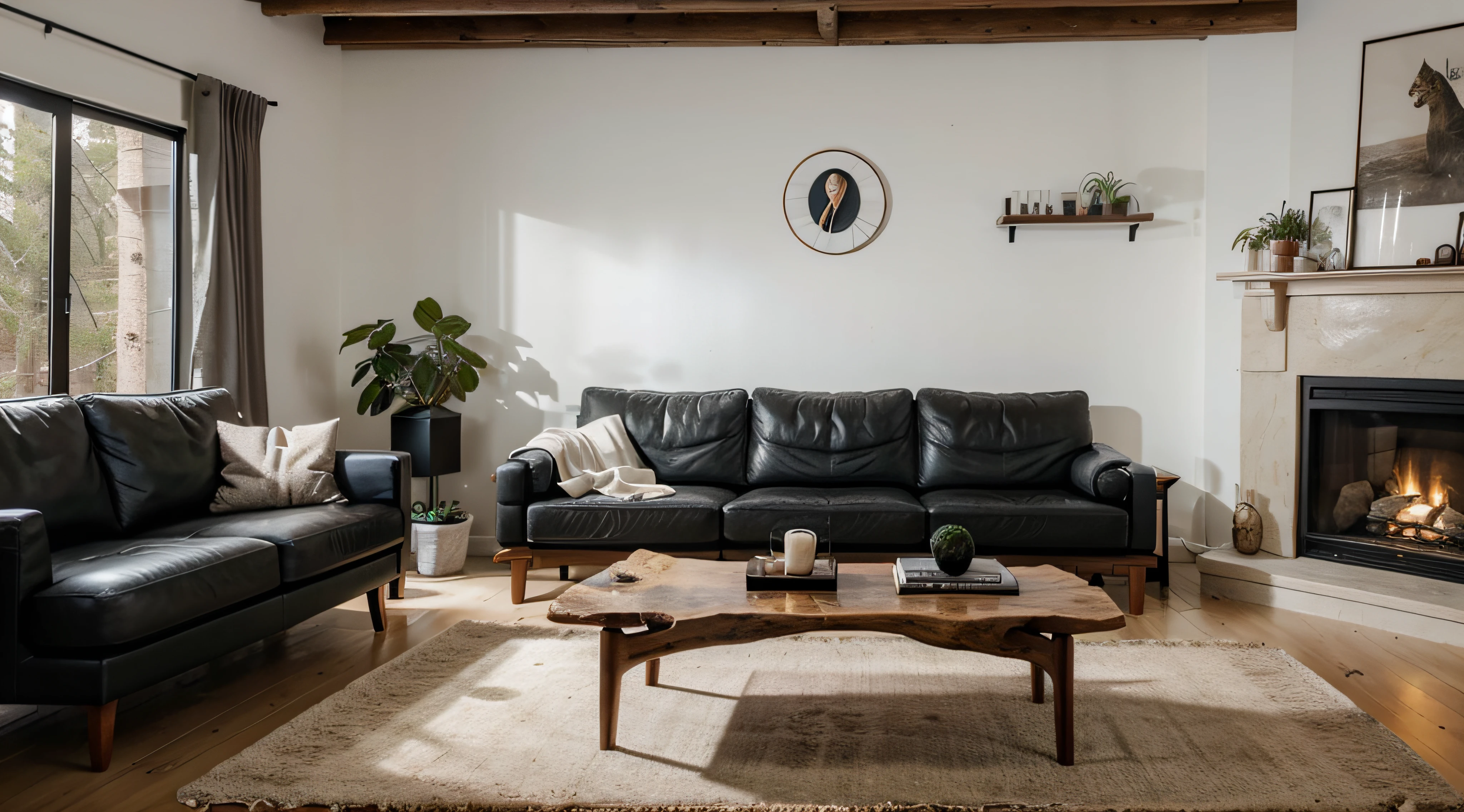 Live edge accent coffee table between two sofas by fireplace, Scandinavian home interior design of modern living room in house in forest.