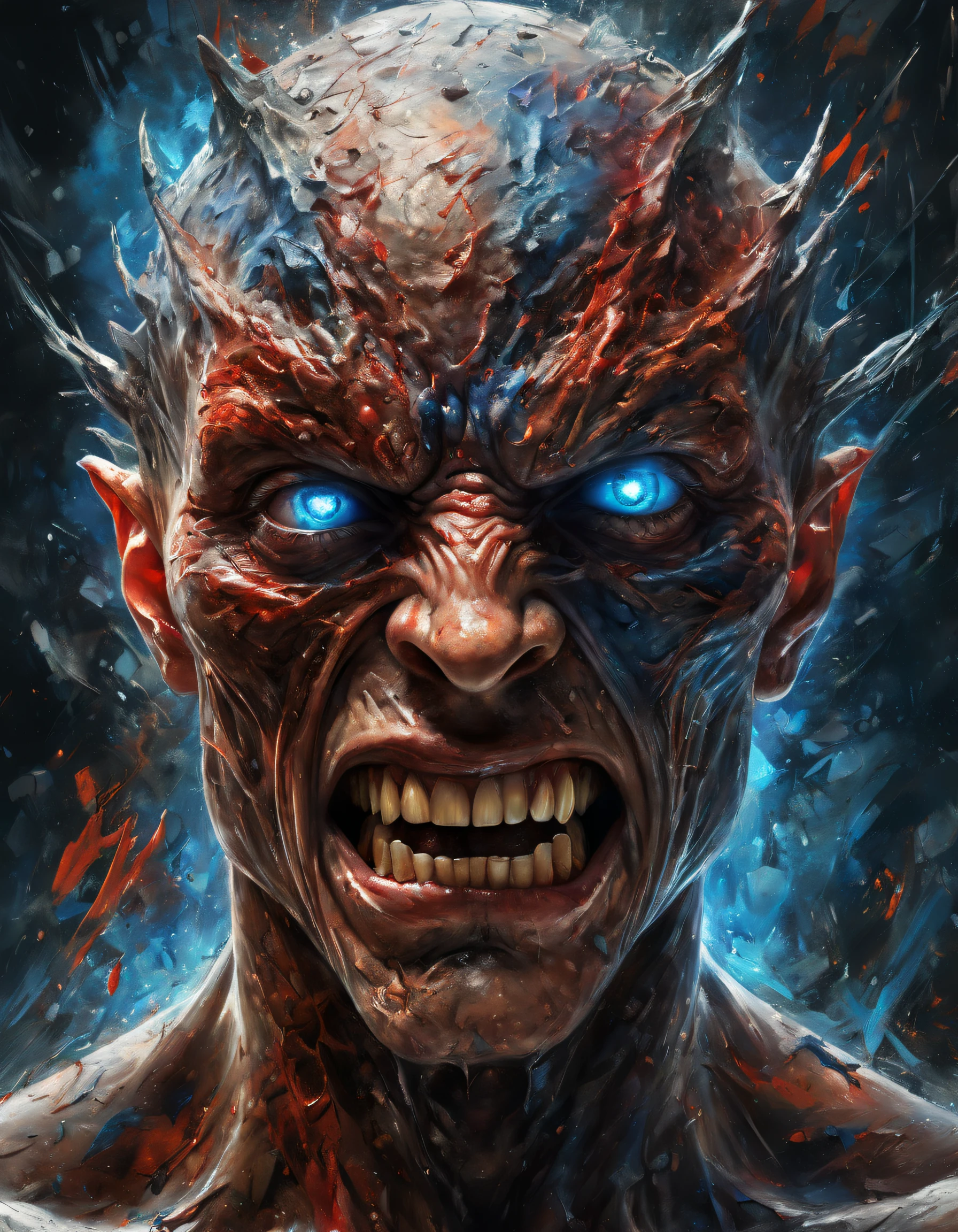 (best quality, highres, ultra-detailed, realistic:1.37), cosmic ambient, rotten fallen archangel, bio-mechanical, mysterious, scary, nightmare, very hidden cores, wallpaper art, physical training, bodybuilding, (a man with a red face and big blue eyes, open-mouthed screaming),oil painting,expressive brushstrokes,wild abstract background,furious expression,aggressive pose,high contrast lighting,vibrant colors,emotional intensity,modern art. (best quality,ultra-detailed,photorealistic),dramatic lighting,