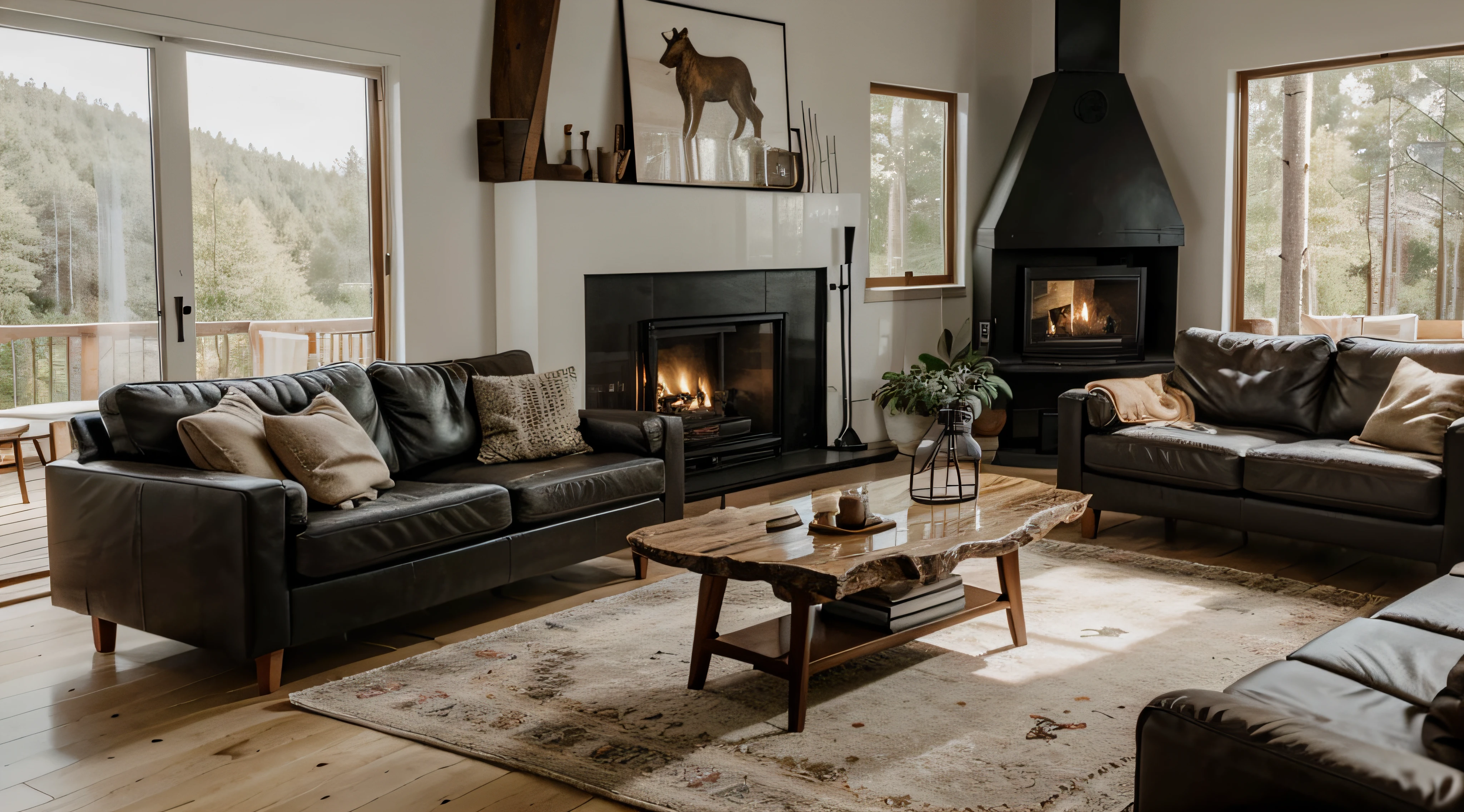 Live edge accent coffee table between two sofas by fireplace, Scandinavian home interior design of modern living room in house in forest.