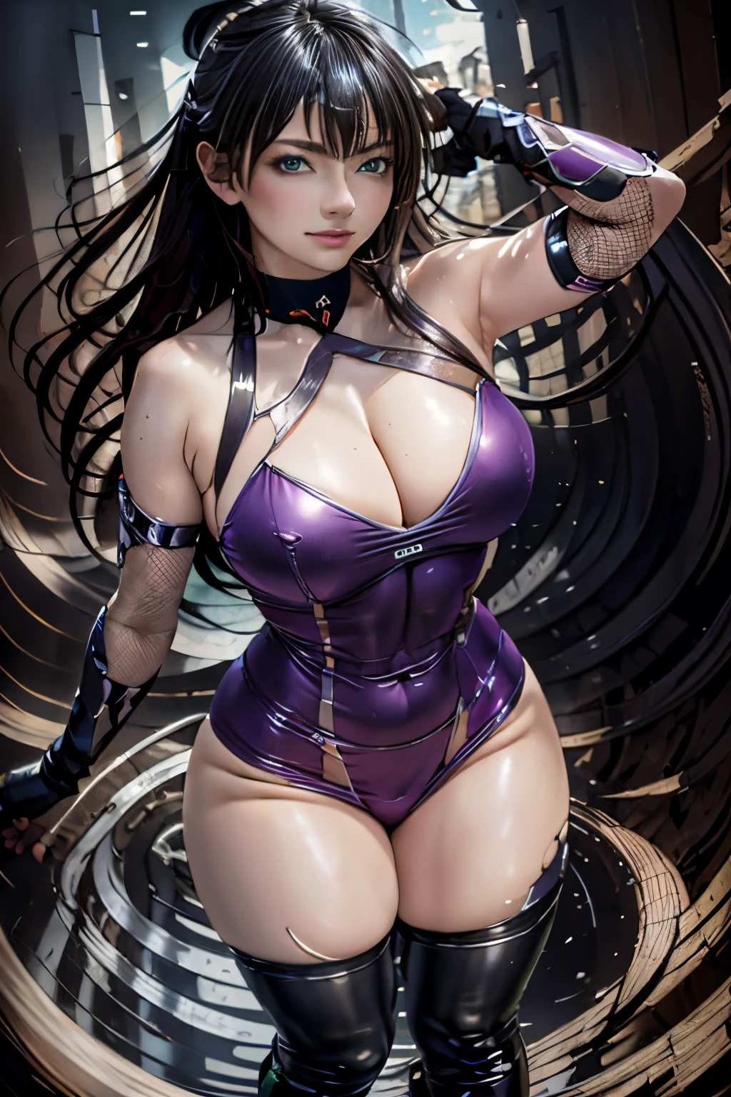 masterpiece, best quality, asagi, asagioutfit, 1girl, (mature female:1.2), ninja, blue hair, long hair, bangs, hair between eyes, green eyes, breasts, solo, large breasts, looking at viewer, bare shoulders, purple gloves, skin tight, shiny clothes, impossible bodysuit, purple bodysuit, sleeveless, fishnets, elbow gloves, shiny, white background, serious, simple background, full body, standing