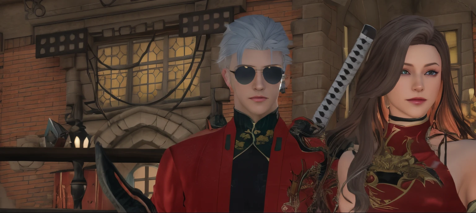 there are two people standing next to each other in a video game, thancred waters in style of wlop, son of sparda, character close up, style game square enix, crimson attire, close up character, character close-up, royal attire akira, evil devious male, style of final + fantasy + 1 5, vergil, fashion gameplay screenshot