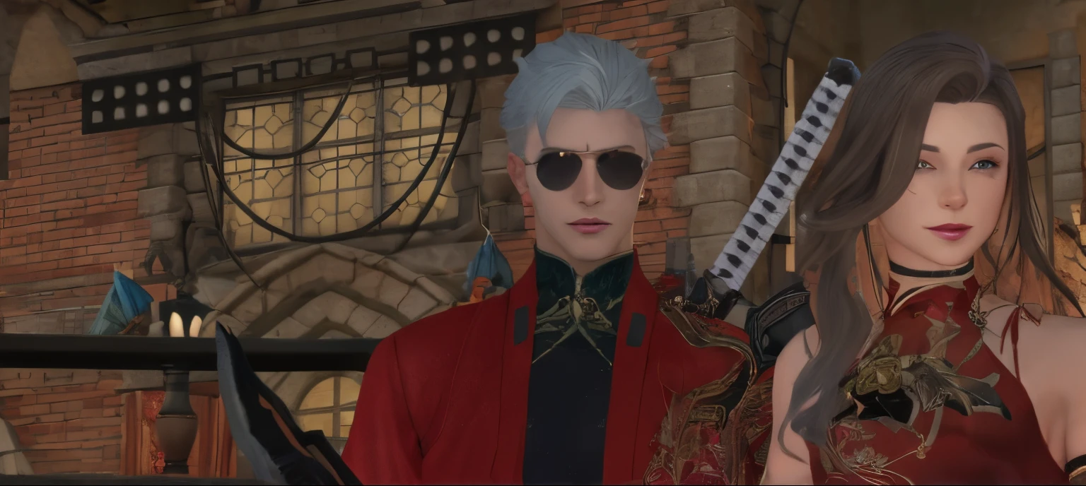 there are two people standing next to each other in a video game, thancred waters in style of wlop, son of sparda, character close up, style game square enix, crimson attire, close up character, character close-up, royal attire akira, evil devious male, style of final + fantasy + 1 5, vergil, fashion gameplay screenshot