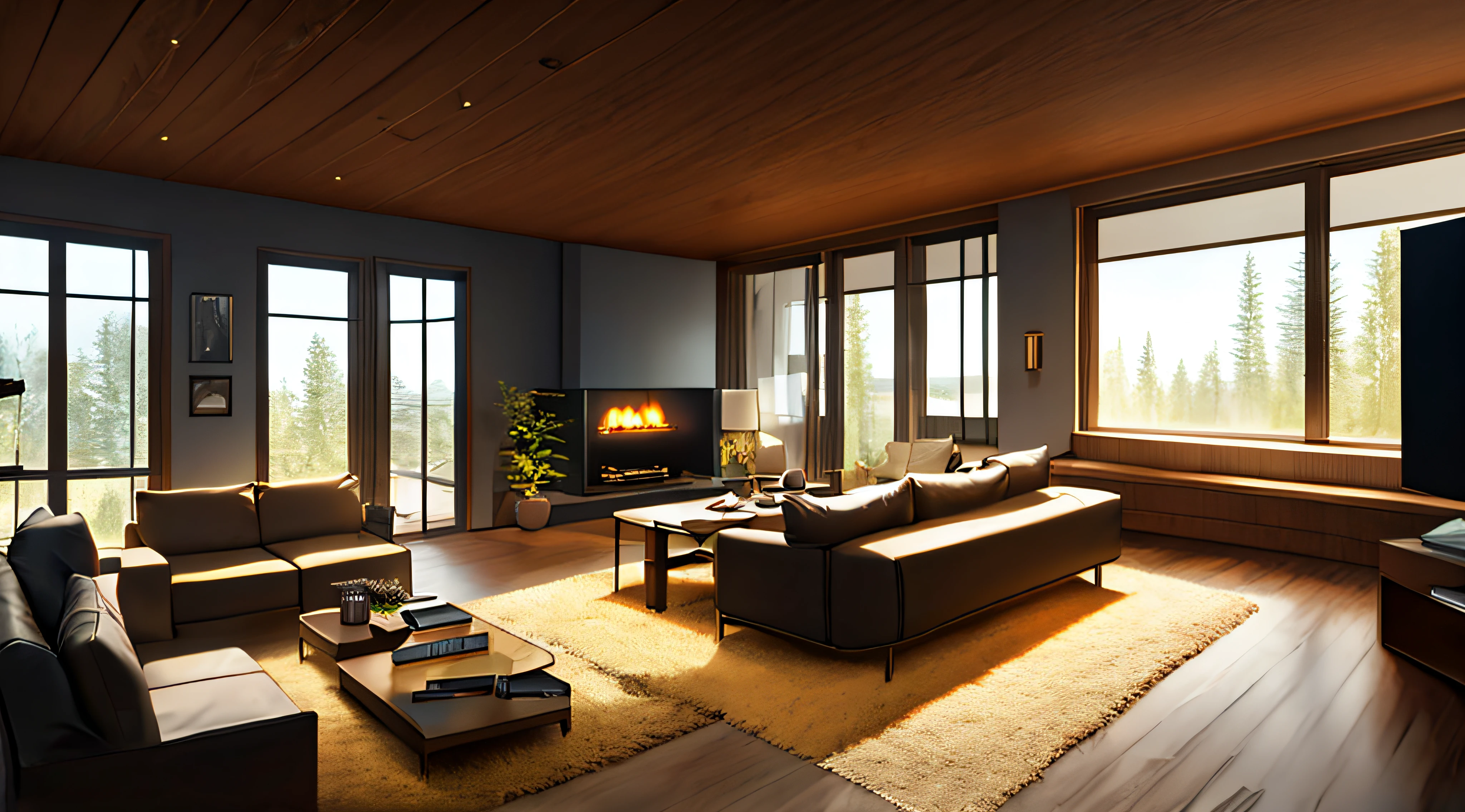 Live edge accent coffee table between two sofas by fireplace, Scandinavian home interior design of modern living room in house in forest.