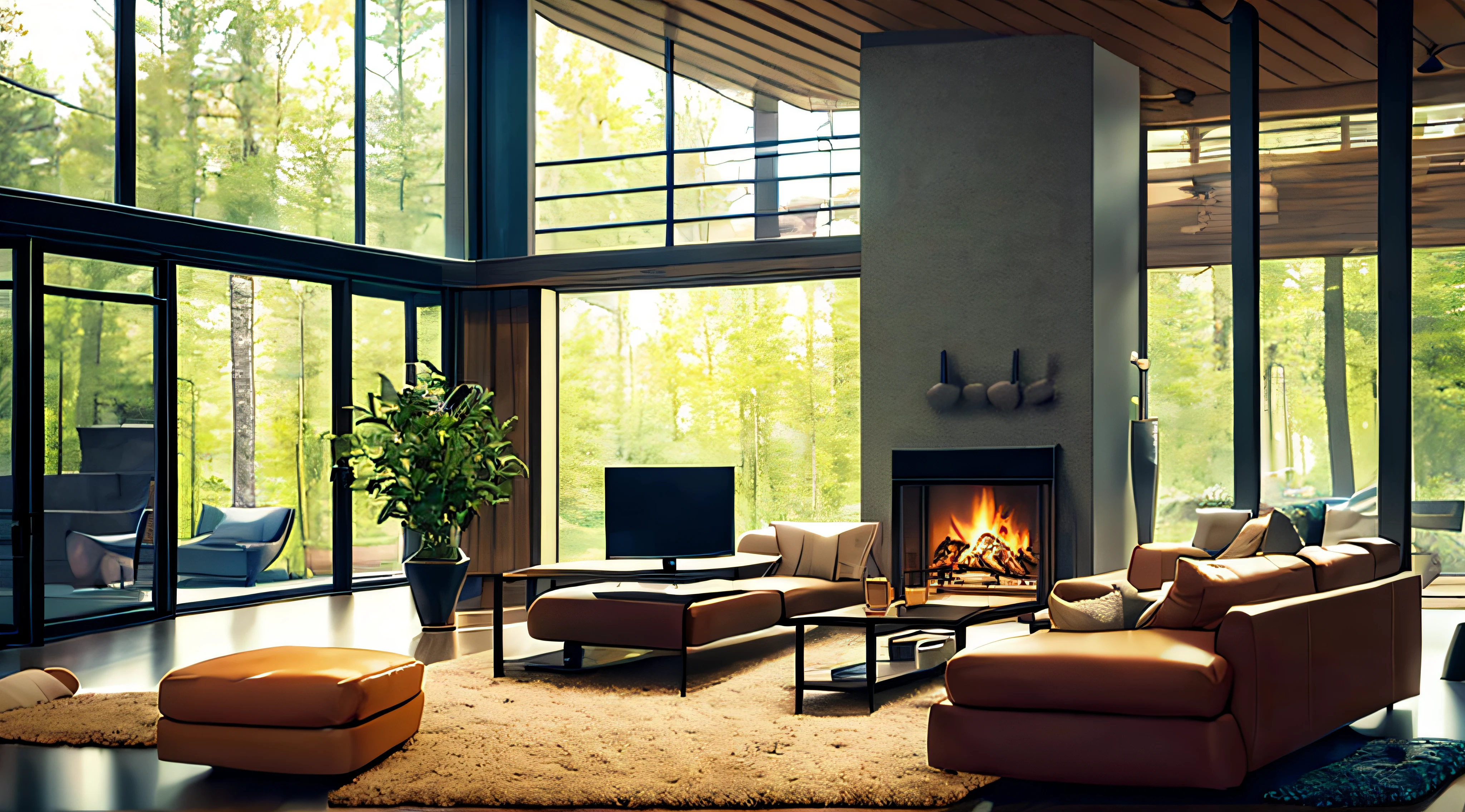Live edge accent coffee table between two sofas by fireplace, Scandinavian home interior design of modern living room in house in forest.