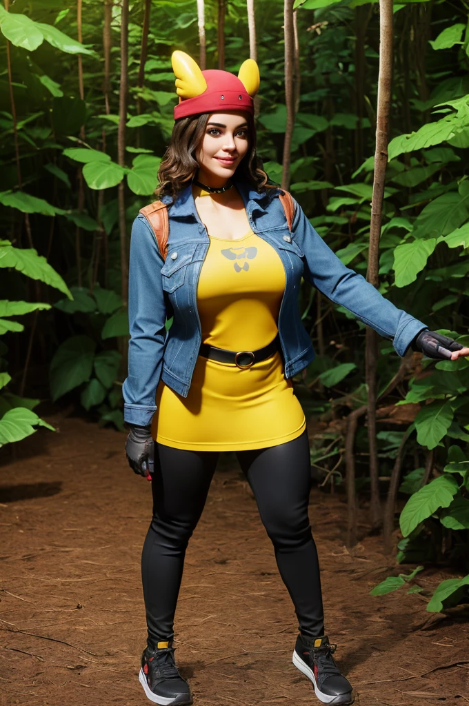 (8k, best quality, masterpiece:1.2), (realistic, photo-realistic:1.37), ultra-detailed, 1 girl,cute, solo, ,beautiful detailed blue eyes, medium wavy hair, standing in a jungle, , smiling, looking at viewer, ,light brown hair, black lips, black lipstick, full body view, , whole body shot, red hat, , , nsfw, choker, yellow shirt, denim jacket, dark long leggings, black fingerless gloves, red sneakers, big breasts