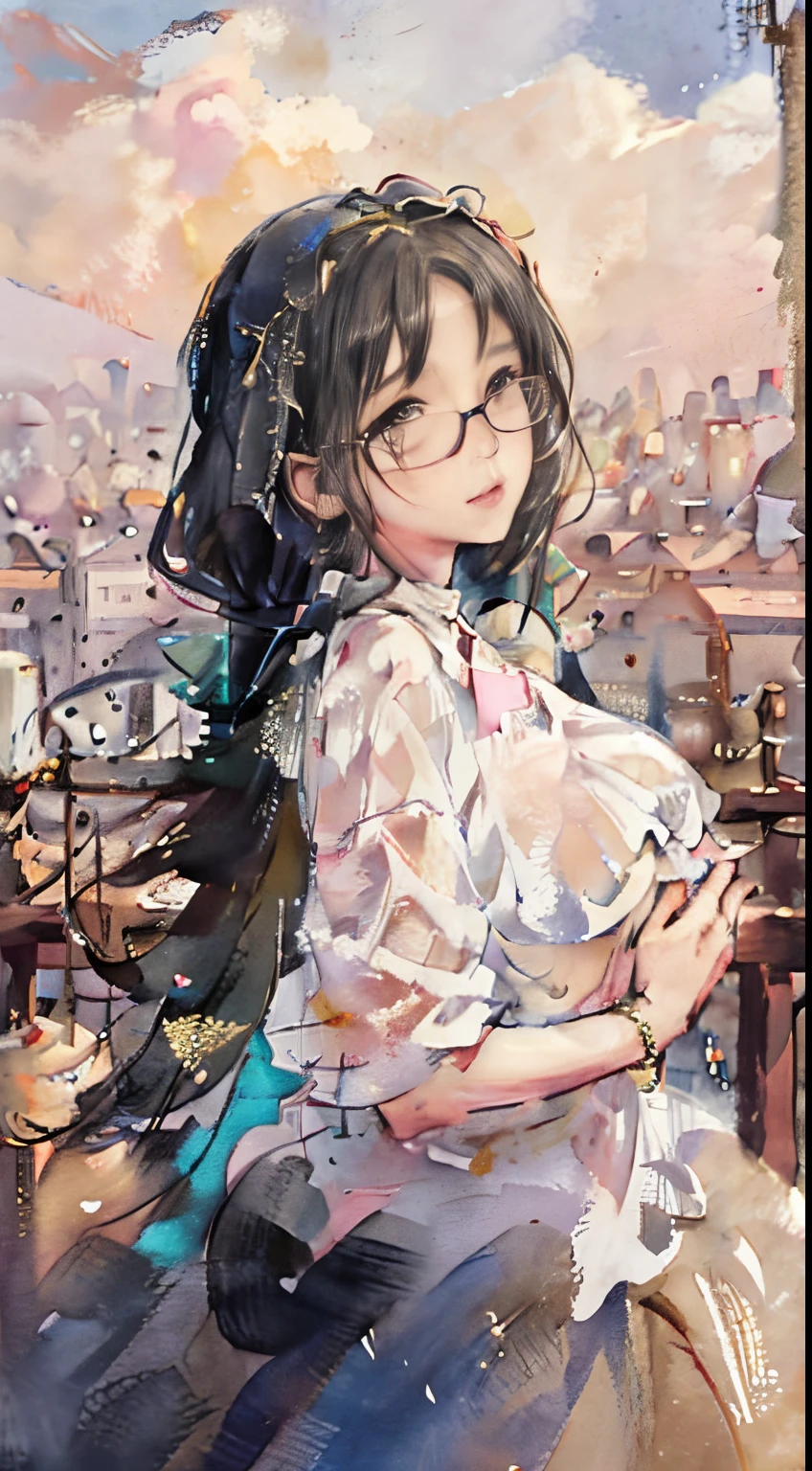 (iu:0.8),((massive breast)), chubby, RAW, Best quality, high resolution, Masterpiece: 1.3, Beautiful glasses javanese woman in translucent hijab, Masterpiece, Perfect slim body, Beautiful big eyes, Soft smile, harem, shaved pussy