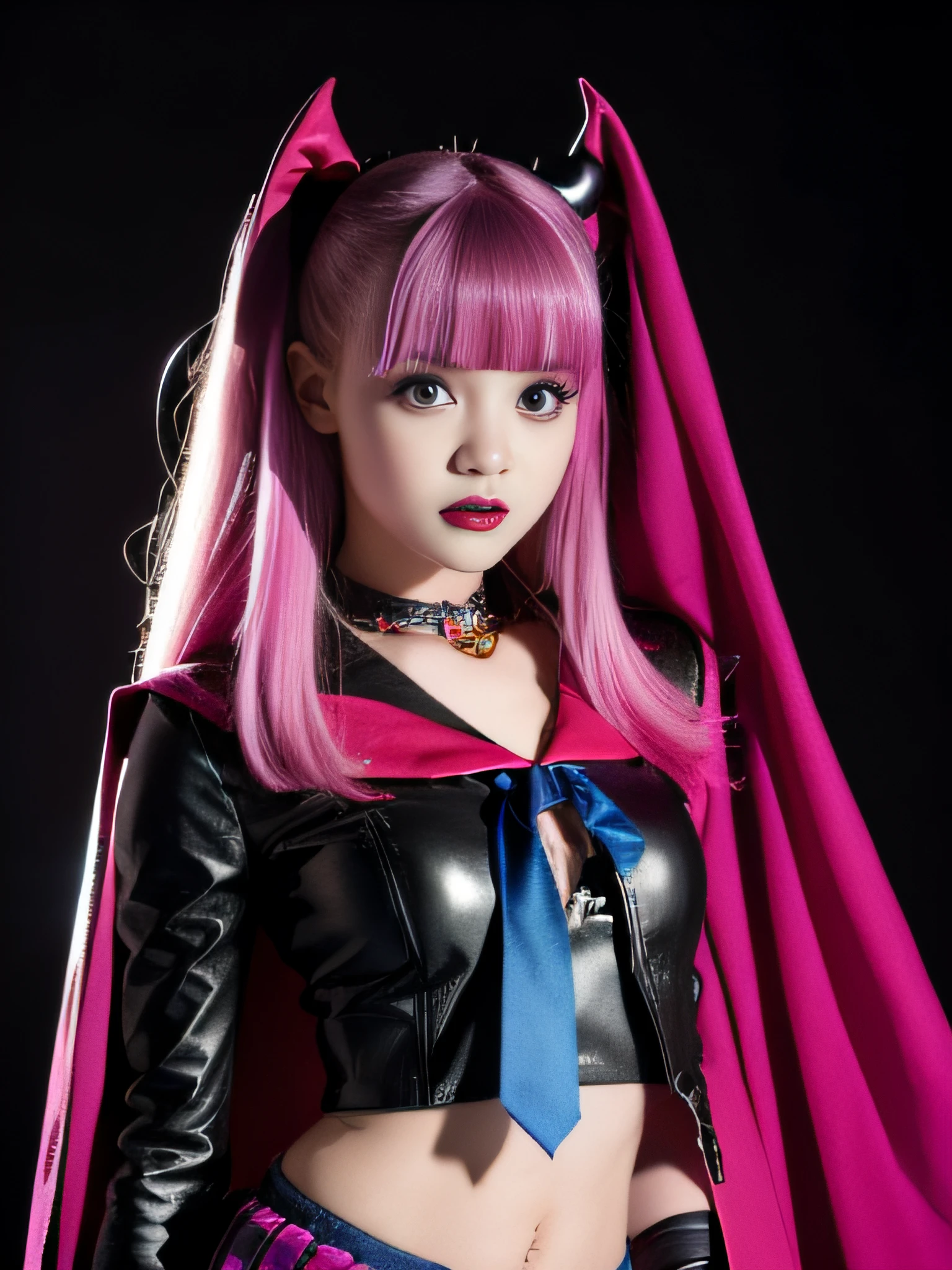 new good and young female student-character in the movie "monster high", attractive vampire with fangs, cape, colorful full body-clothes, school uniform, wide full shot, whole body in frame, posing, vibrant colors, horrifying aesthetic,studio lighting