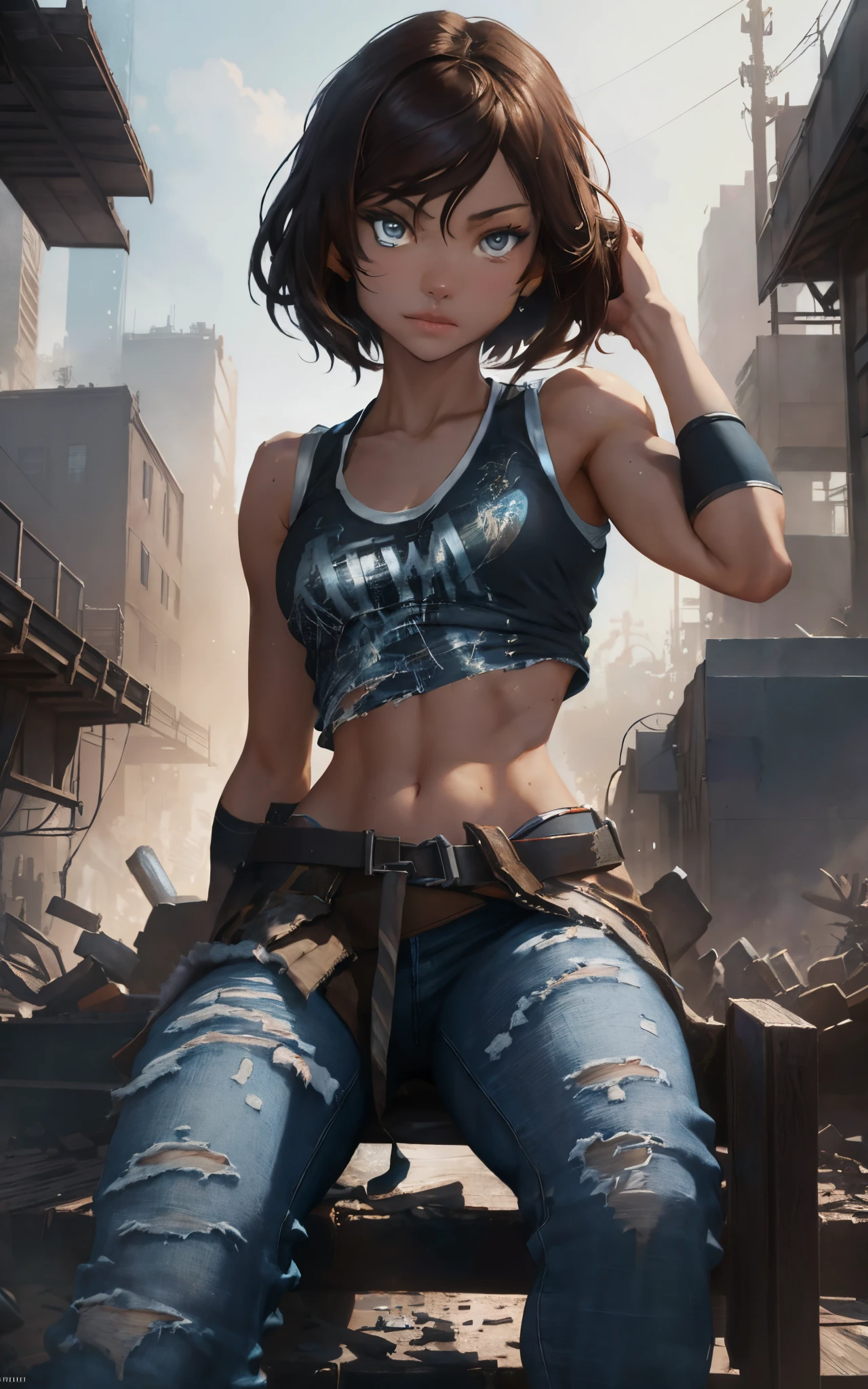 Korra with the face of zendaya ,sitting on some stairs, ripped jeans, tank top, upshirt, ((pulls up her shirt)) , slightly muscular, Beautiful realistic waifu style girl, hyperdetailed painting, luminism, art by Carne Griffiths and Wadim Kashin concept art, post-apocalyptic background, abstract beauty, approaching perfection, pure form, golden ratio, minimalistic, dark atmosphere, unfinished, concept art, intricate details, 8k post production, high resolution, hyperdetailed, trending on artstation, sharp focus, studio photo, intricate details, highly detailed, by artgerm.