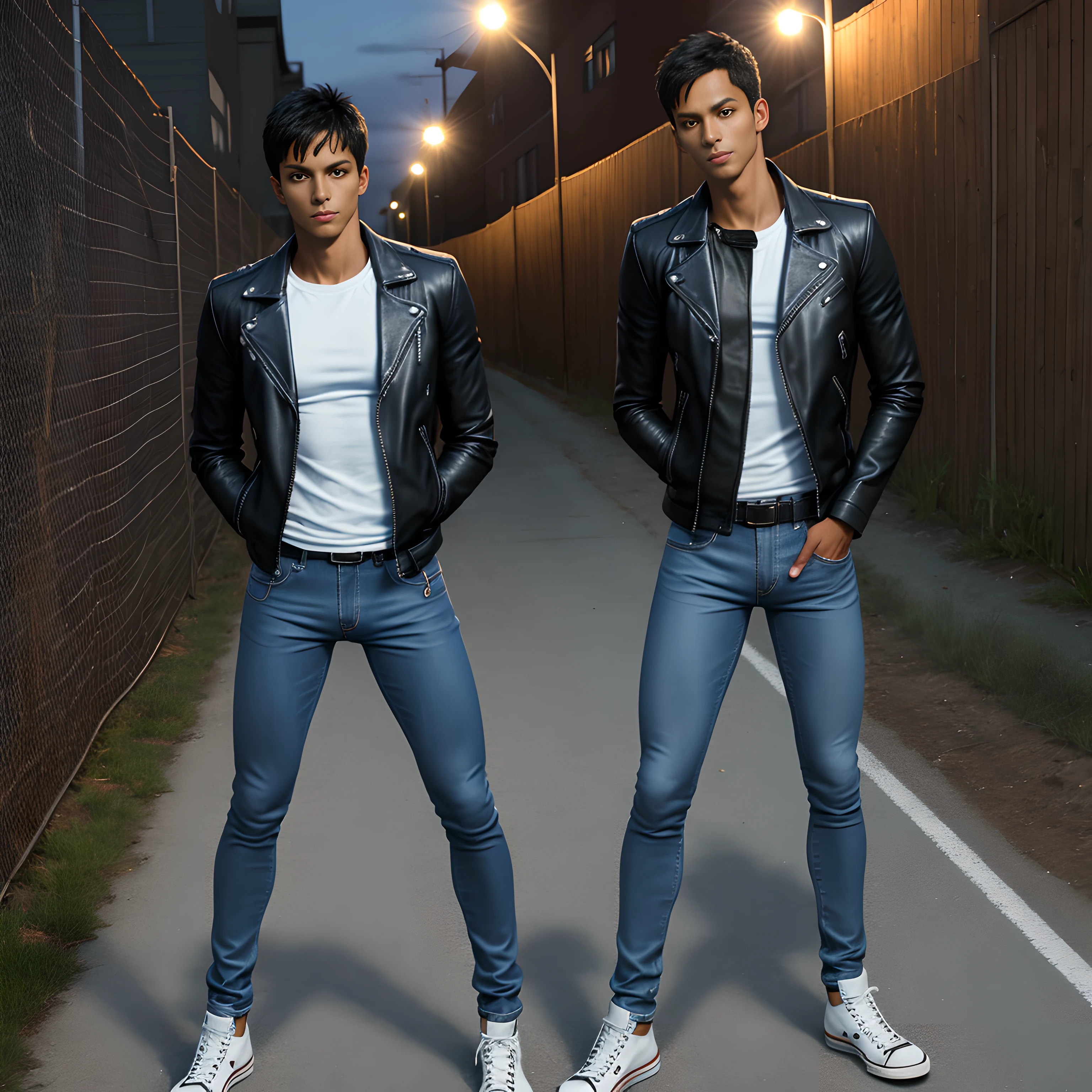 A beautiful tanned toned slim young man, big bulge in skinny blue denim jeans, shirtless, unzipped black leather jacket, (long white socks), black high top Converse sneakers, standing at a fence in a dead end street, an intimidating look on the face. Professional long shot, full body photo, looking towards the camera, at night, super detailed, super resolution, 4K, UHD.