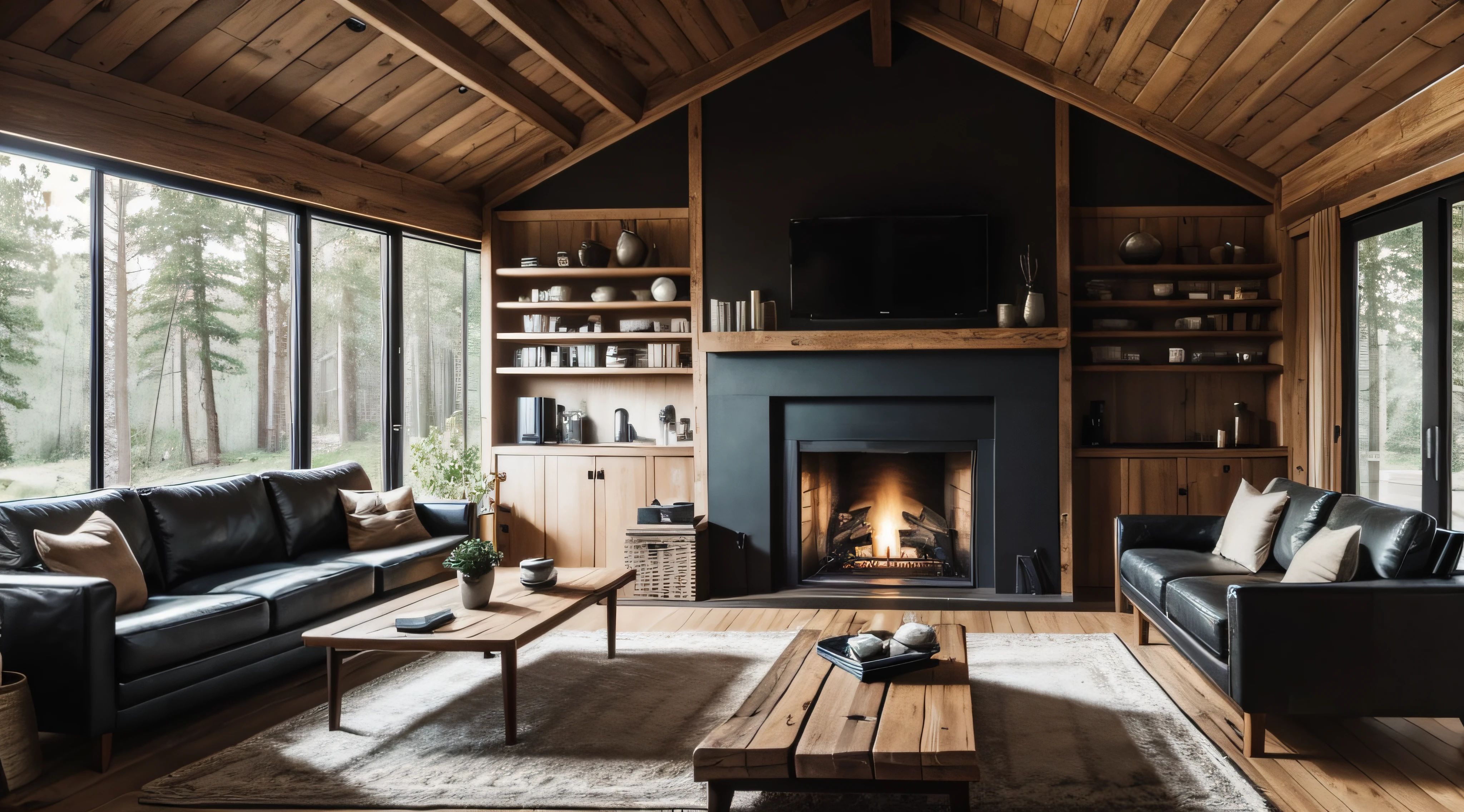 Live edge accent coffee table between two sofas by fireplace, Scandinavian home interior design of modern living room in house in forest.