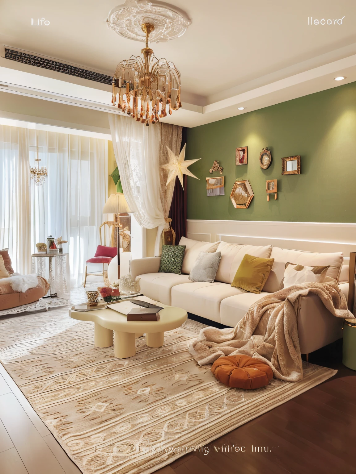 Alafid living room with white sofa and coffee table, green color、Warm theme, Cream room, Warm home background, Green hues and golden glamor, welcoming living room, Warm living room background, Warm furniture, beige color scheme, yellow and olive color scheme, Perfect minimalist composition, Fundo sala de estar, living room interior design, liveroom