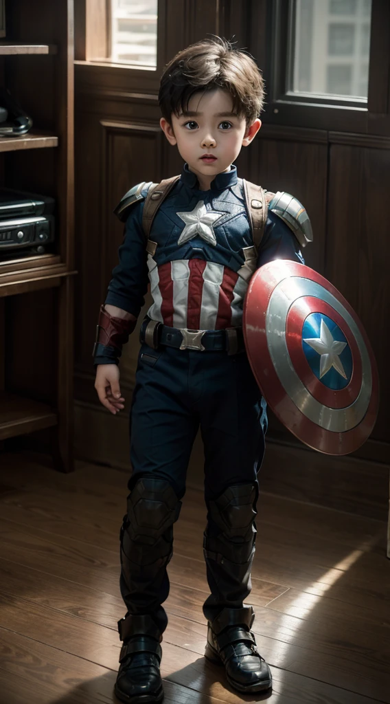 chris evans，Captain America when he was 6 years old，Cute little boy ，Hulk armor，4k画质，Film and television lighting effects。