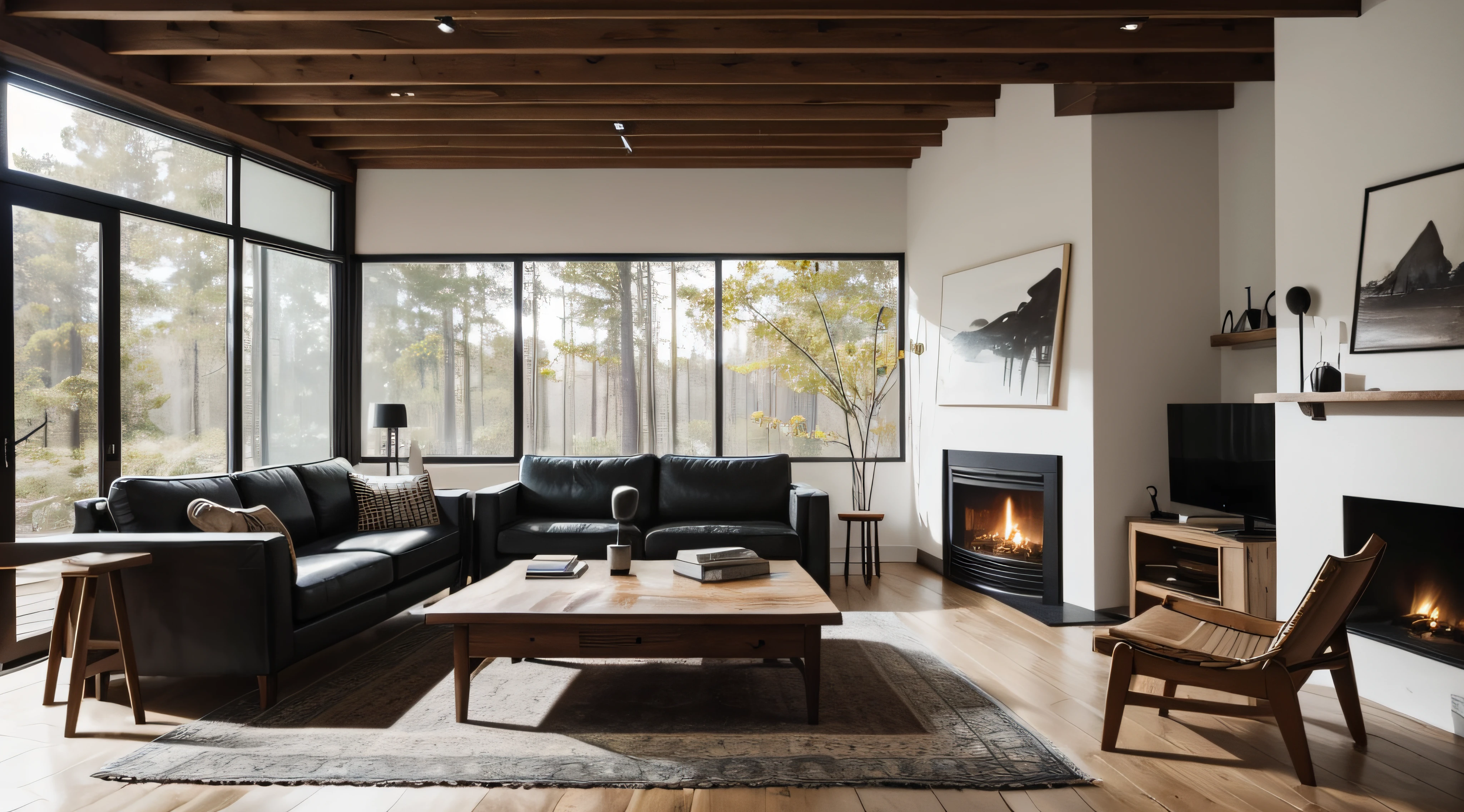 Live edge accent coffee table between two sofas by fireplace, Scandinavian home interior design of modern living room in house in forest.