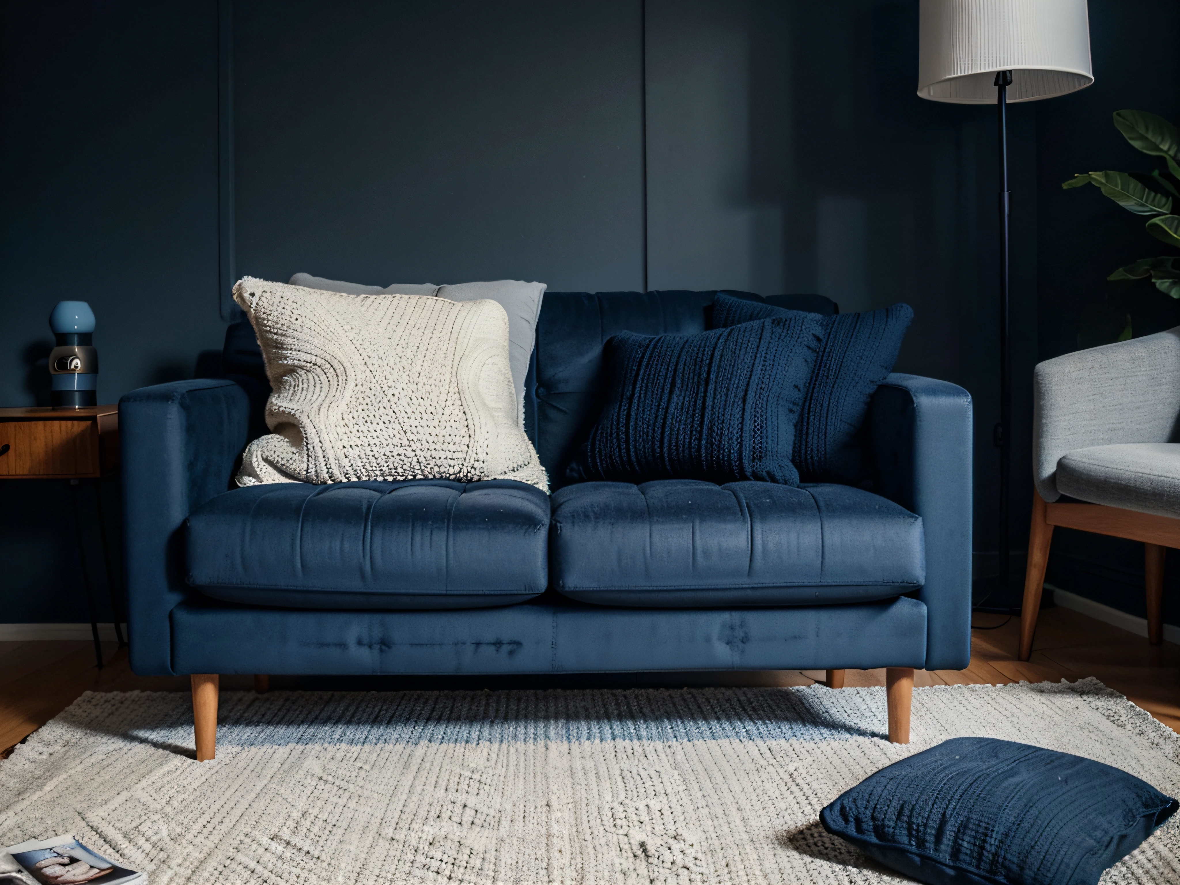 Two knitted poufs near dark blue corner sofa. Scandinavian home interior design of modern living room.