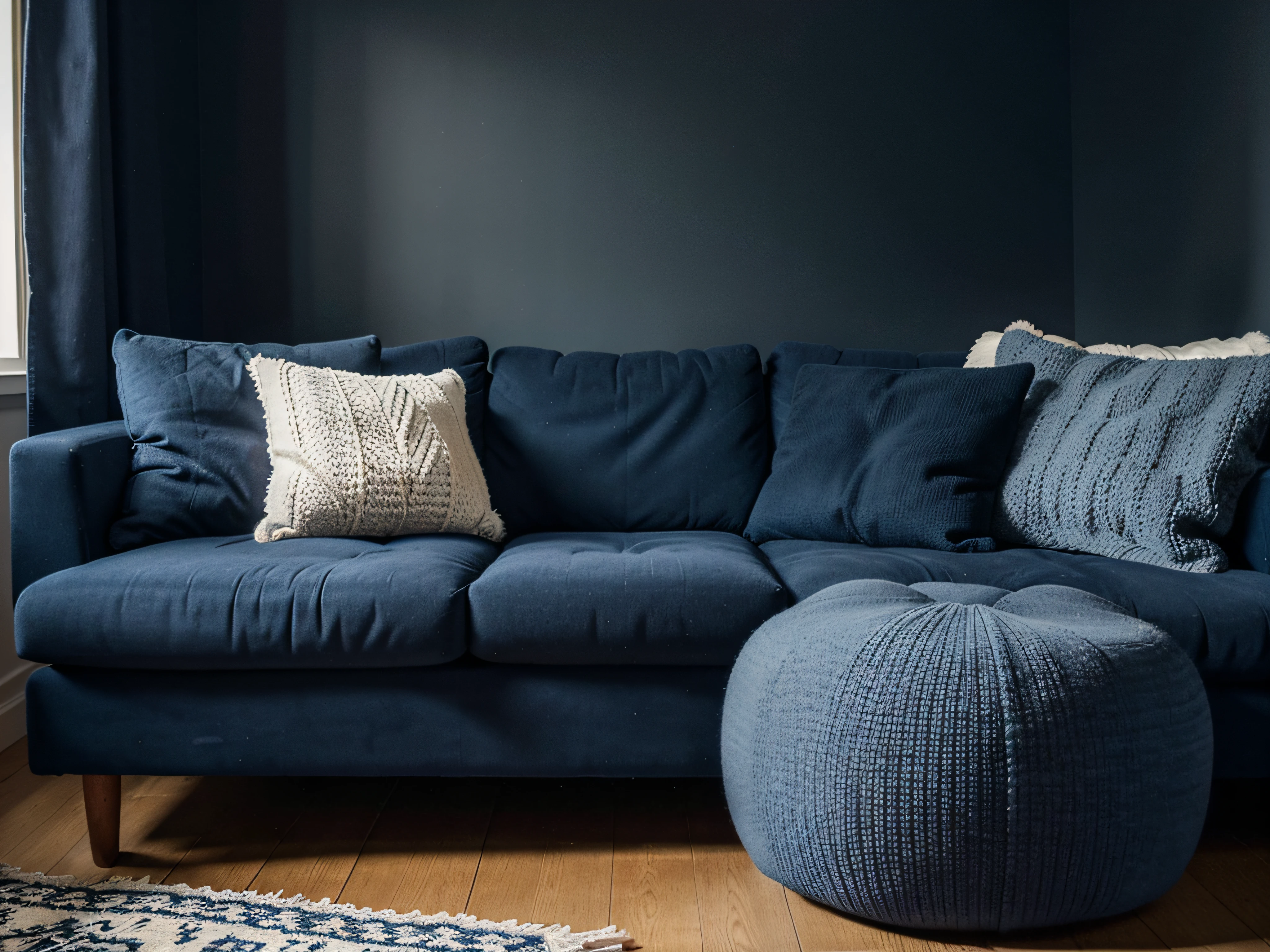 Two knitted poufs near dark blue corner sofa. Scandinavian home interior design of modern living room.