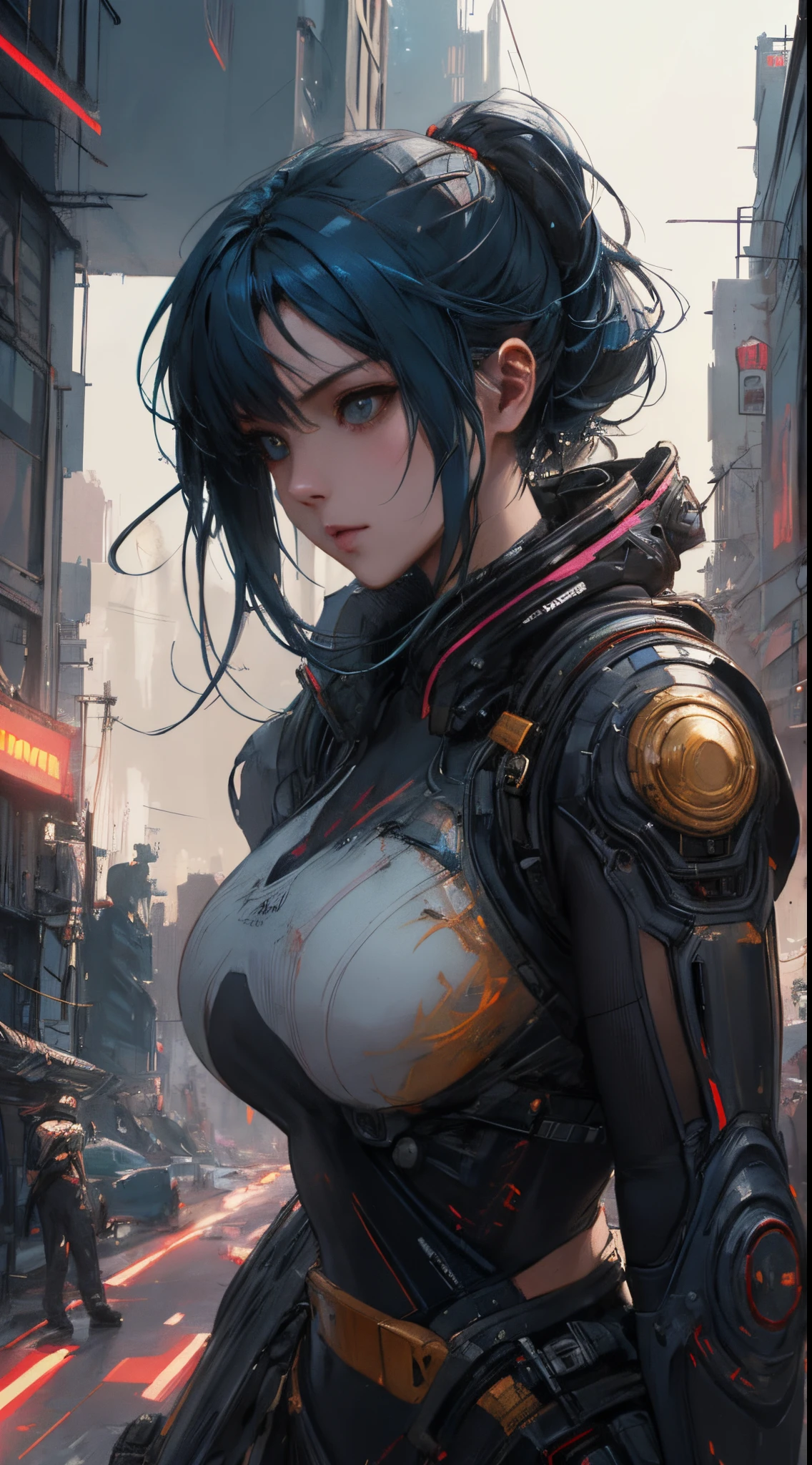 anime painting of cute asian cyberpunk female, shapeless cyberpunk hair, dynamic pose, elegant pose, bright colors, art by Carne Griffiths and Wadim Kashin Concept art, cyberpunk background, abstract beauty, near perfection, pure form, Golden Ratio, minimalism, concept art, intricate detail, 8k post-production, High resolution, super Detail, trending on ArtStation, sharp focus, studio photos, intricate detail, Very detailed, By Greg Rutkowski