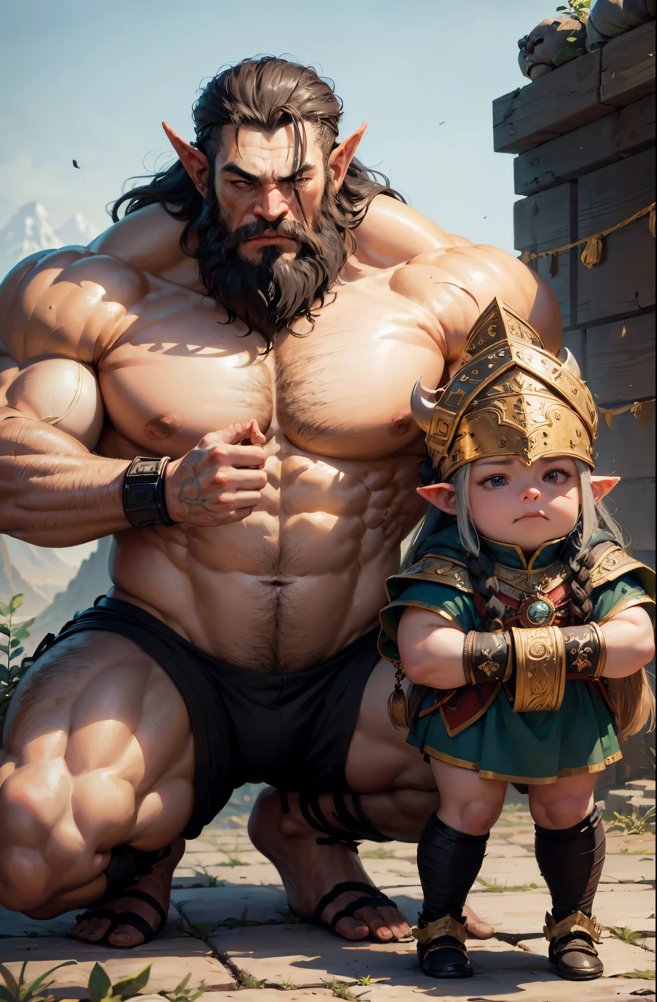 2humams, couple, hugging, (masterpiece, best_quality, ultra-detailed, immaculate:1.3), epic, illustration, 1boy, full body, stoic orc mountain viking warrior, (muscular:1.3)