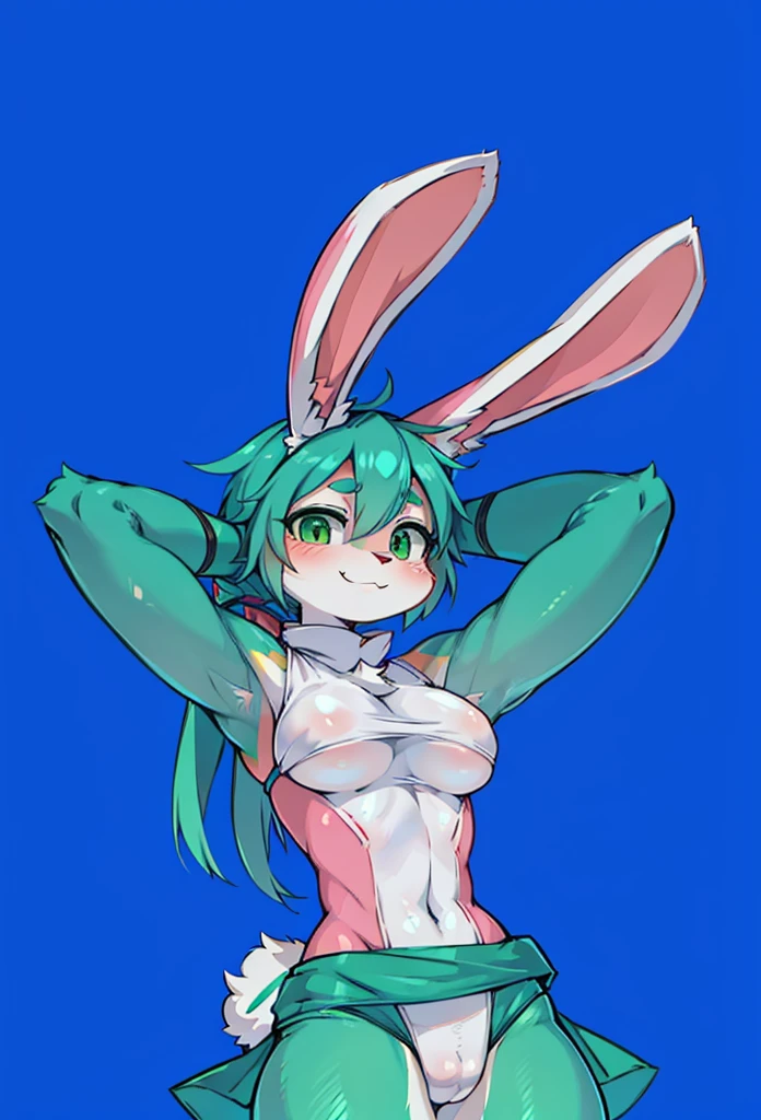 Ninja Rabbit, with long floppy rabbit ears, bunny ears, bunnypunk, bunny girl, female fursona, rabbit Ninja, cell shaded adult animation, rabbit ears, rabbt_character, natalie from epic battle fantasy, teasing smile, pink skin, white tight suit, green eyes, furry bunny ninja, big boob