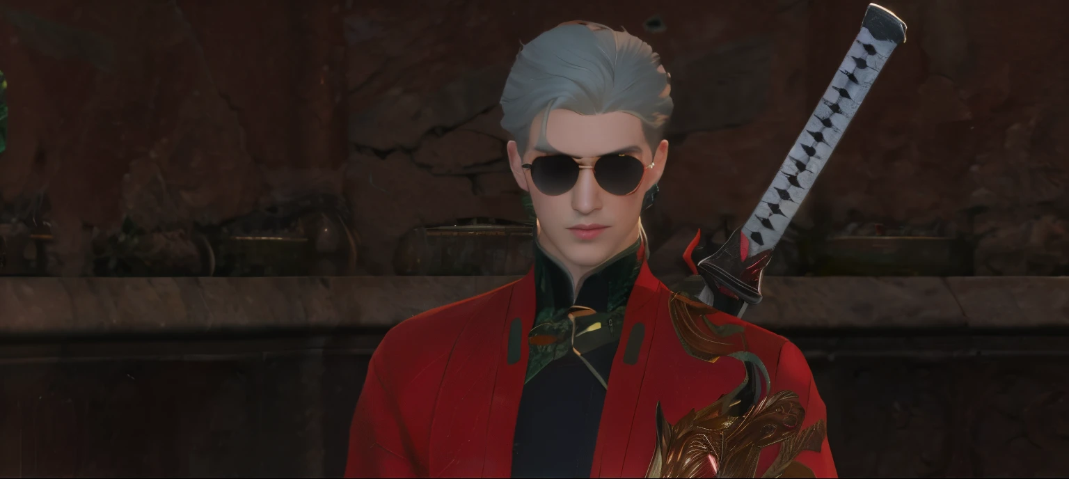 there is a man with a sword and a red jacket, son of sparda, crimson attire, thancred waters in style of wlop, full character, inspired by Wuzhun Shifan, evil devious male, male character, close up character, character close up, lineage 2 revolution style, highly detailed character, delicate androgynous prince, cinematic full character