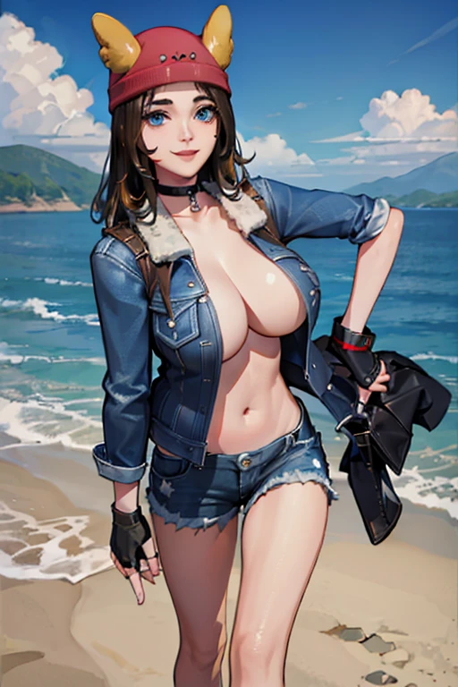 (8k, best quality, masterpiece:1.2), (realistic, photo-realistic:1.37), ultra-detailed, 1 girl,cute, solo, ,beautiful detailed blue eyes, medium wavy hair, standing on a beach, , smiling, looking at viewer, ,light brown hair, black lips, black lipstick, full body view, , whole body shot, red hat, , , nsfw, choker,  denim jacket,  black fingerless gloves, big breasts, naked, bottomless, no pants