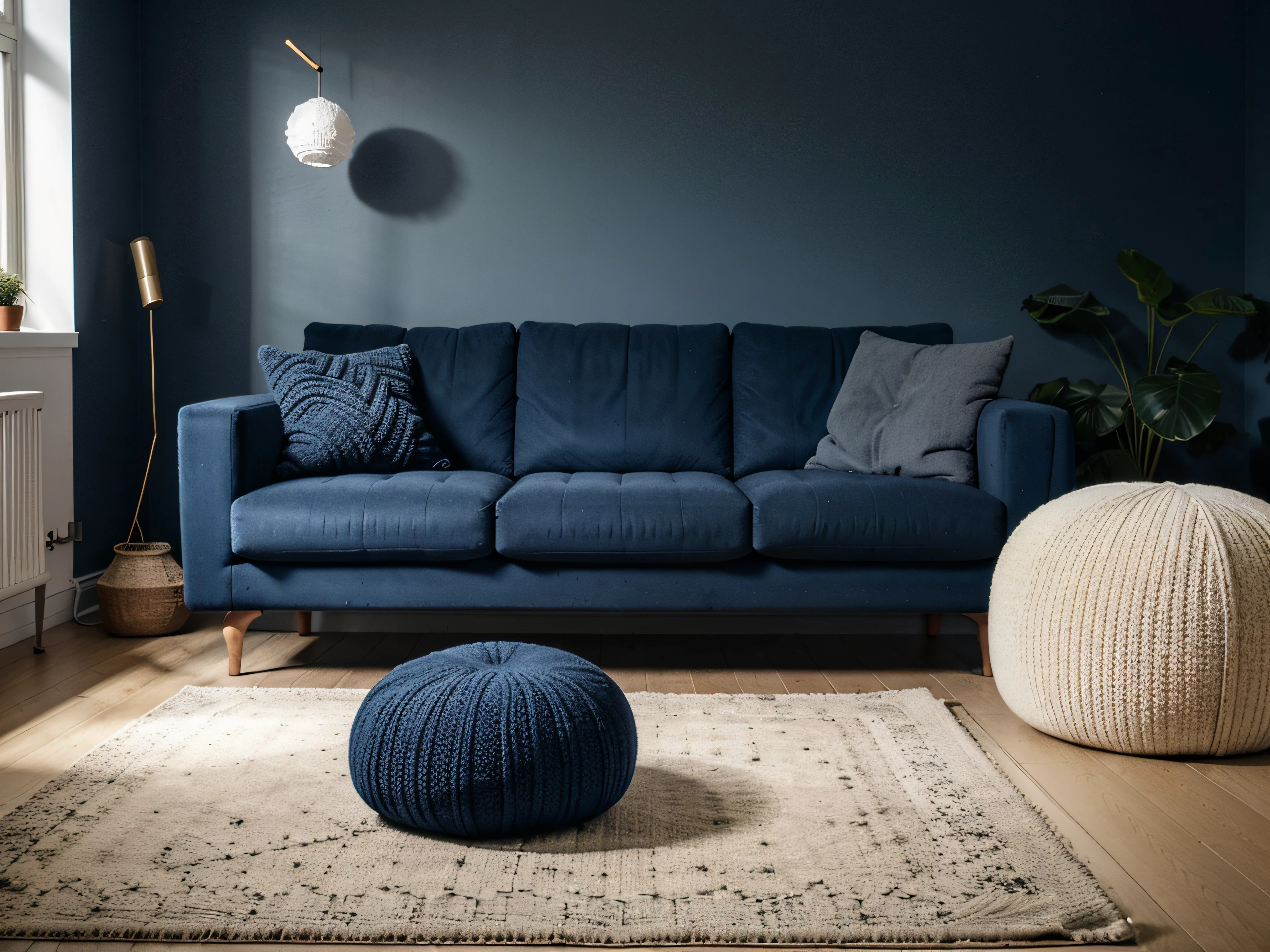 Two knitted poufs near dark blue corner sofa. Scandinavian home interior design of modern living room.