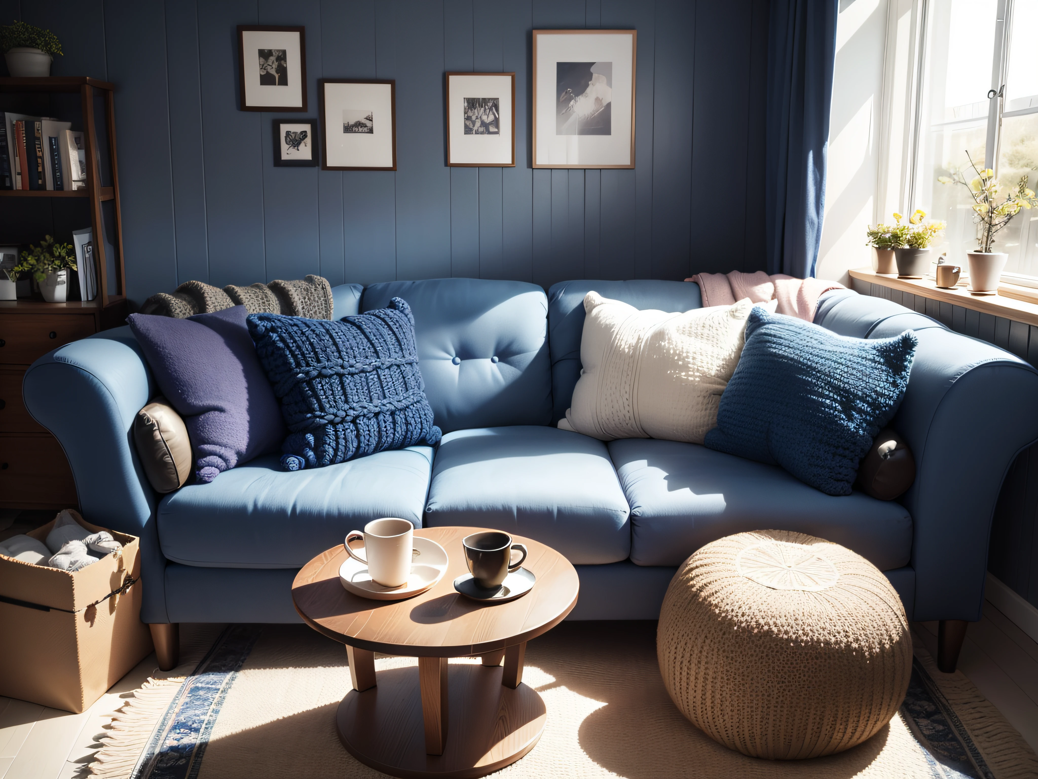 Two knitted poufs near dark blue corner sofa. Scandinavian home interior design of modern living room.